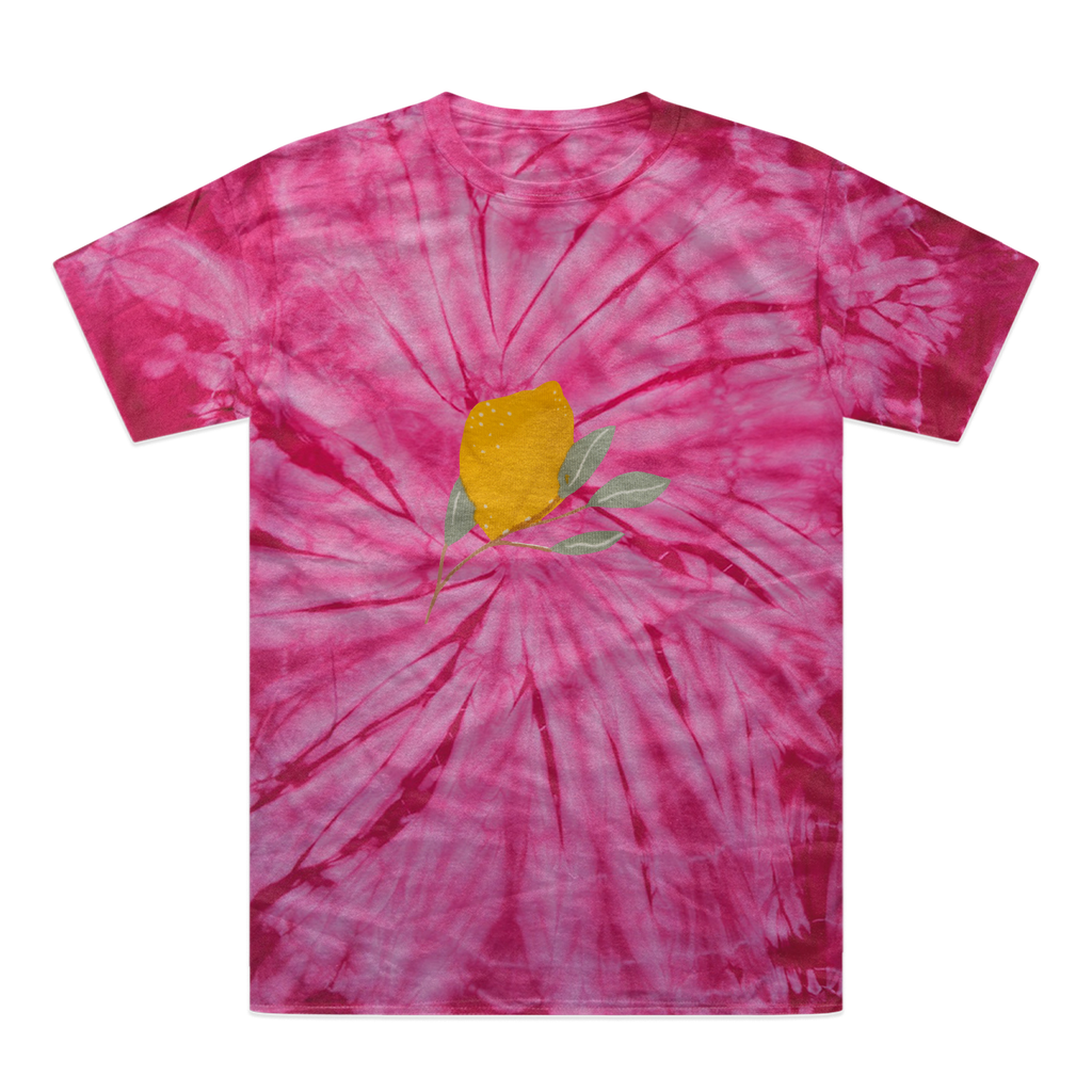 Lemon and Leaves Tonal Spider Tie-Dye T-Shirt showcasing vibrant colors and unique patterns, made from heavyweight cotton.