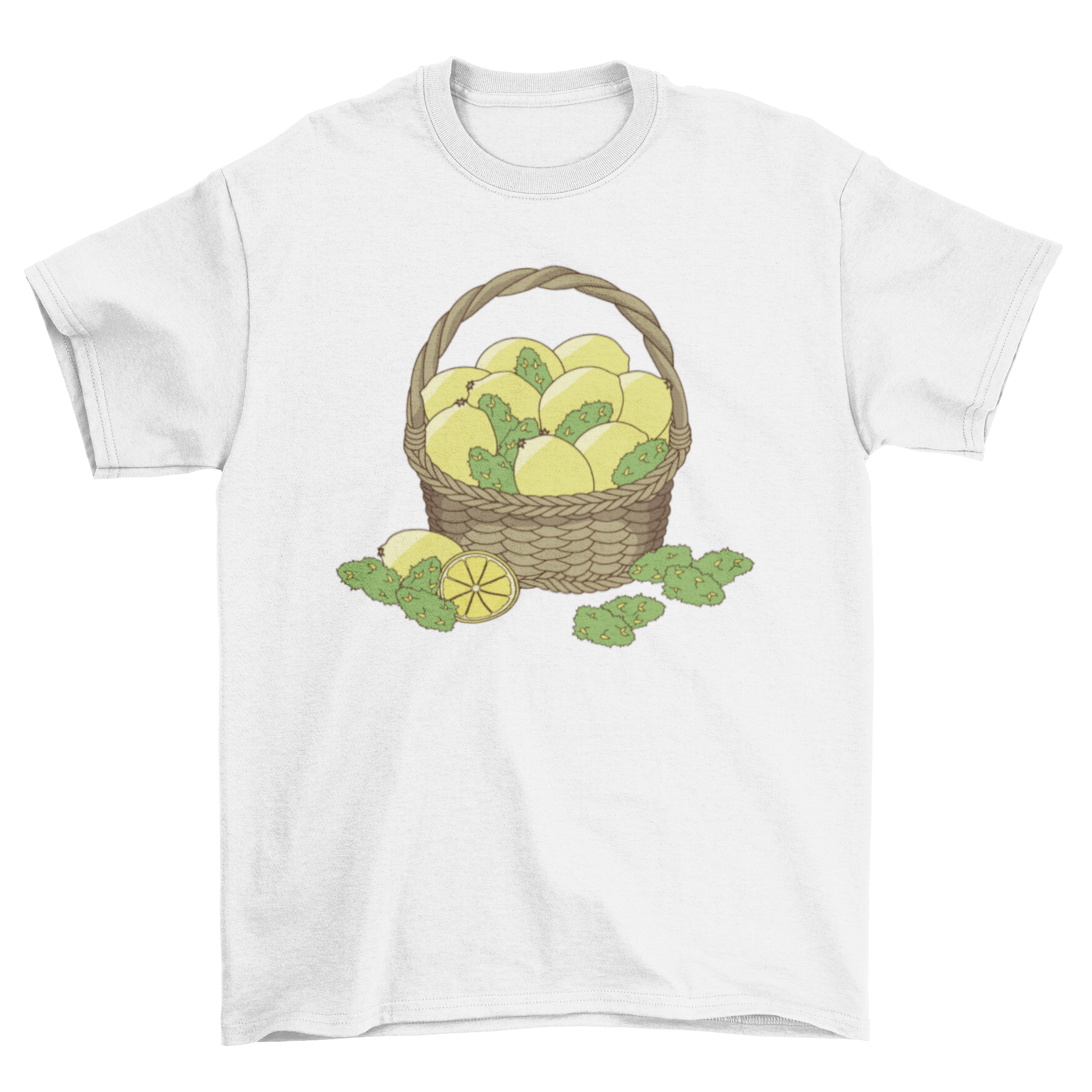 Lemon Kush T-shirt featuring a colorful basket of lemons and lemon kush design.