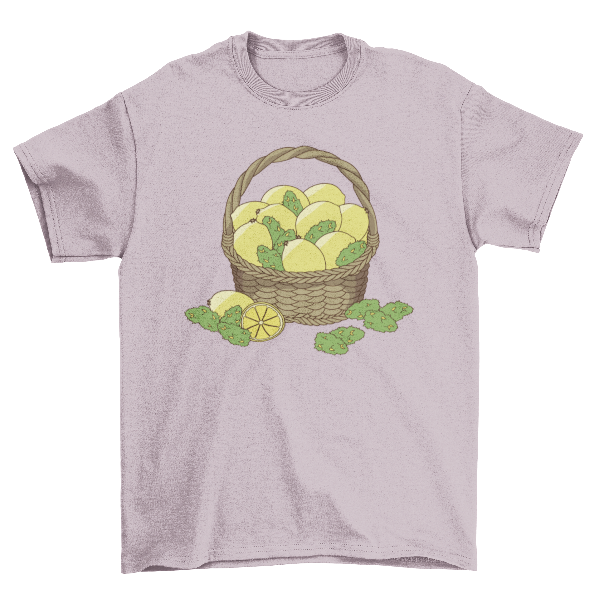 Lemon Kush T-shirt featuring a colorful basket of lemons and lemon kush design.