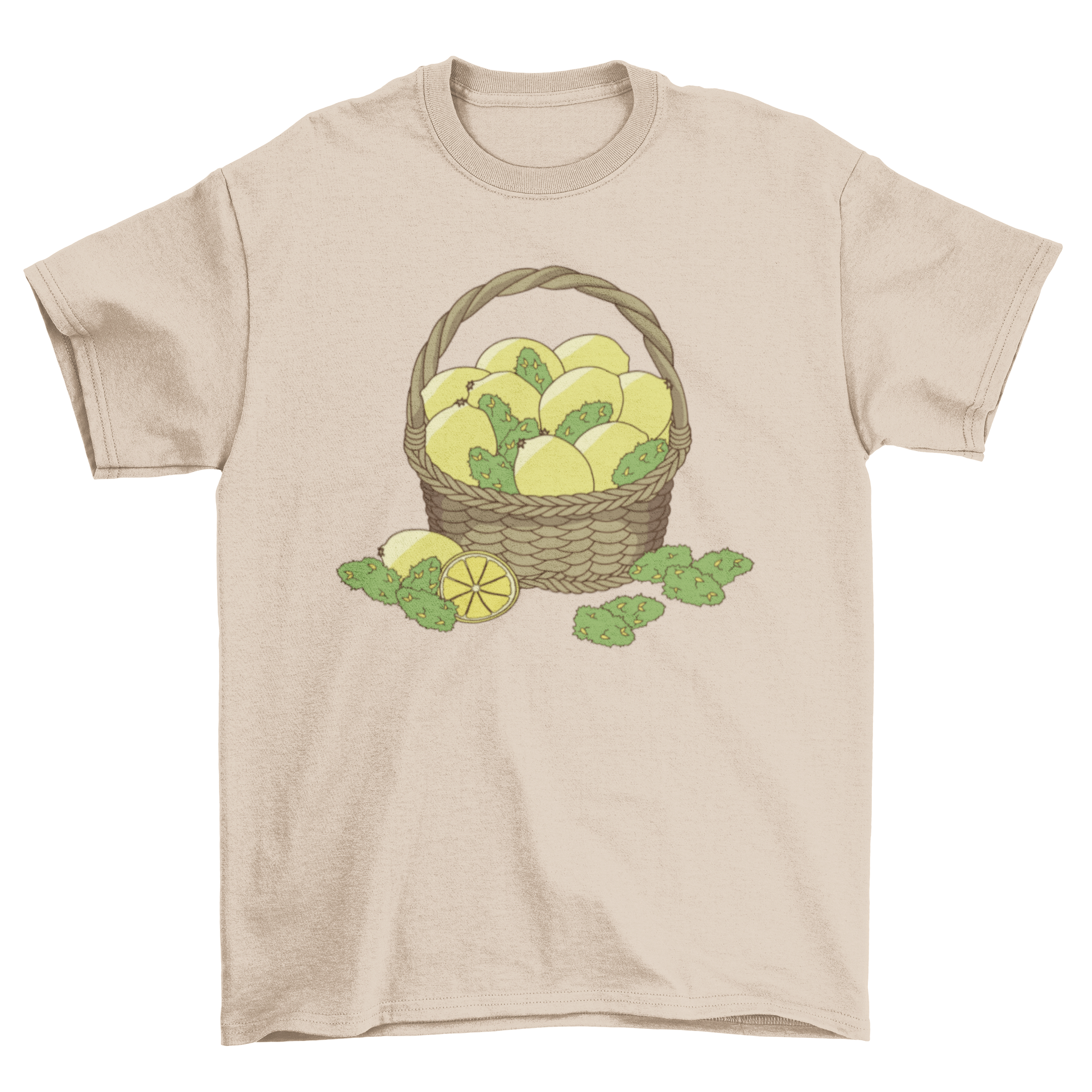 Lemon Kush T-shirt featuring a colorful basket of lemons and lemon kush design.