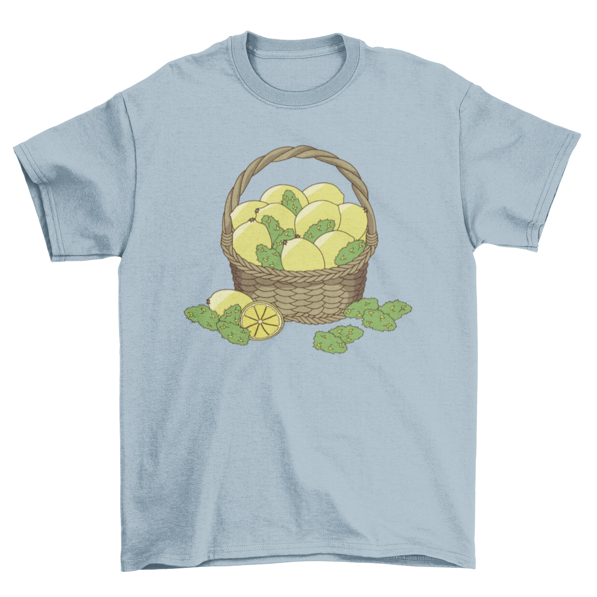 Lemon Kush T-shirt featuring a colorful basket of lemons and lemon kush design.