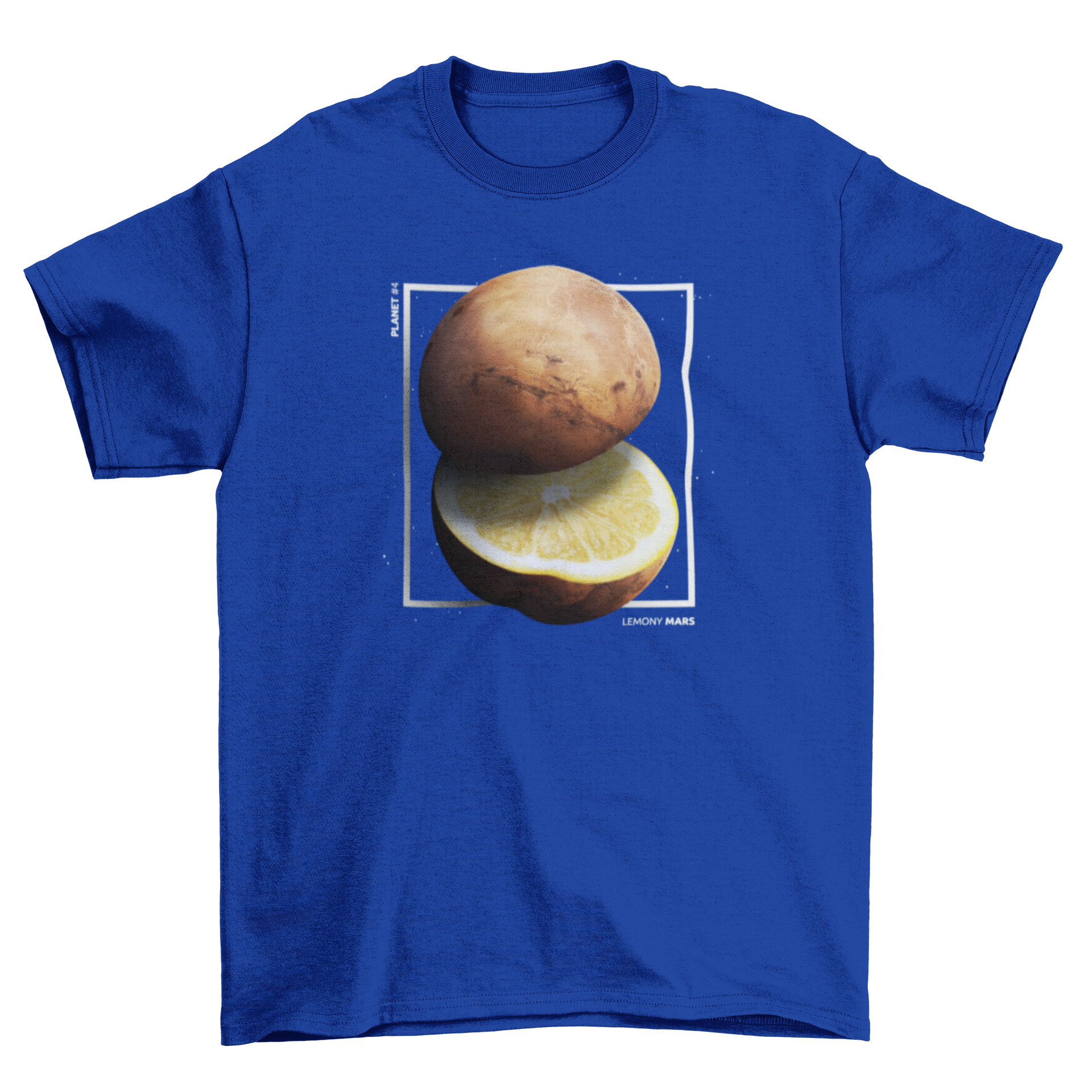 Lemon Mars planet collage t-shirt featuring a floating island farm and the quote 'Country lives'.