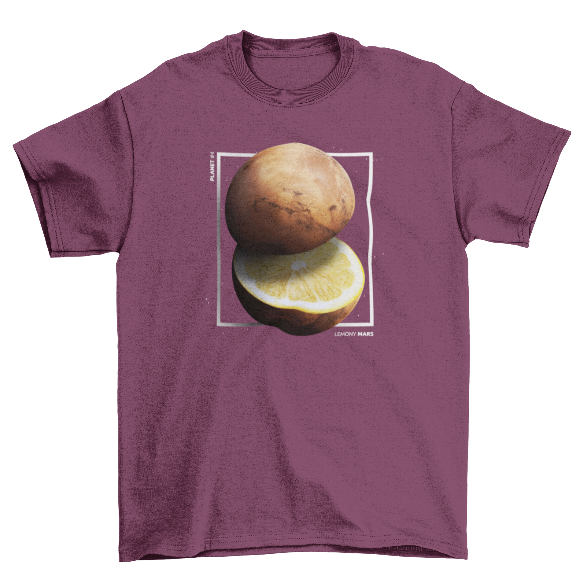 Lemon Mars planet collage t-shirt featuring a floating island farm and the quote 'Country lives'.