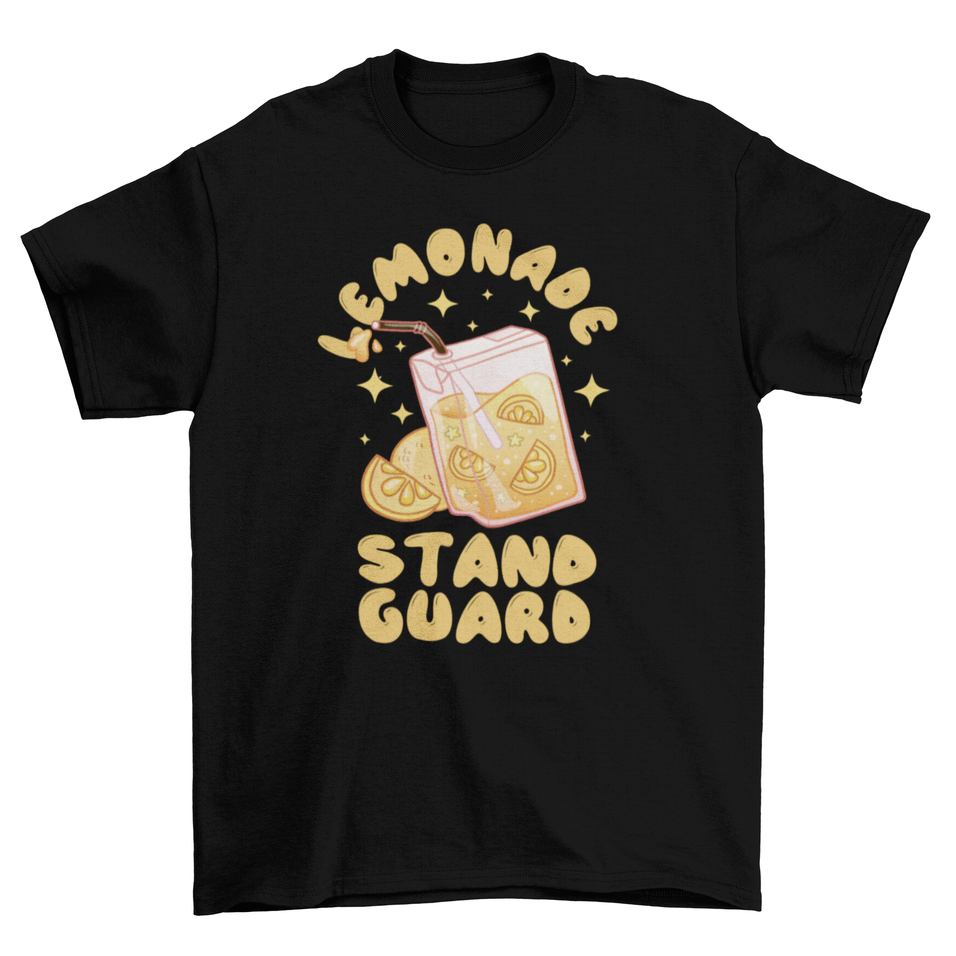 A stylish t-shirt featuring a vibrant lemonade drink design and the quote 'Lemonade stand guard', perfect for casual wear.