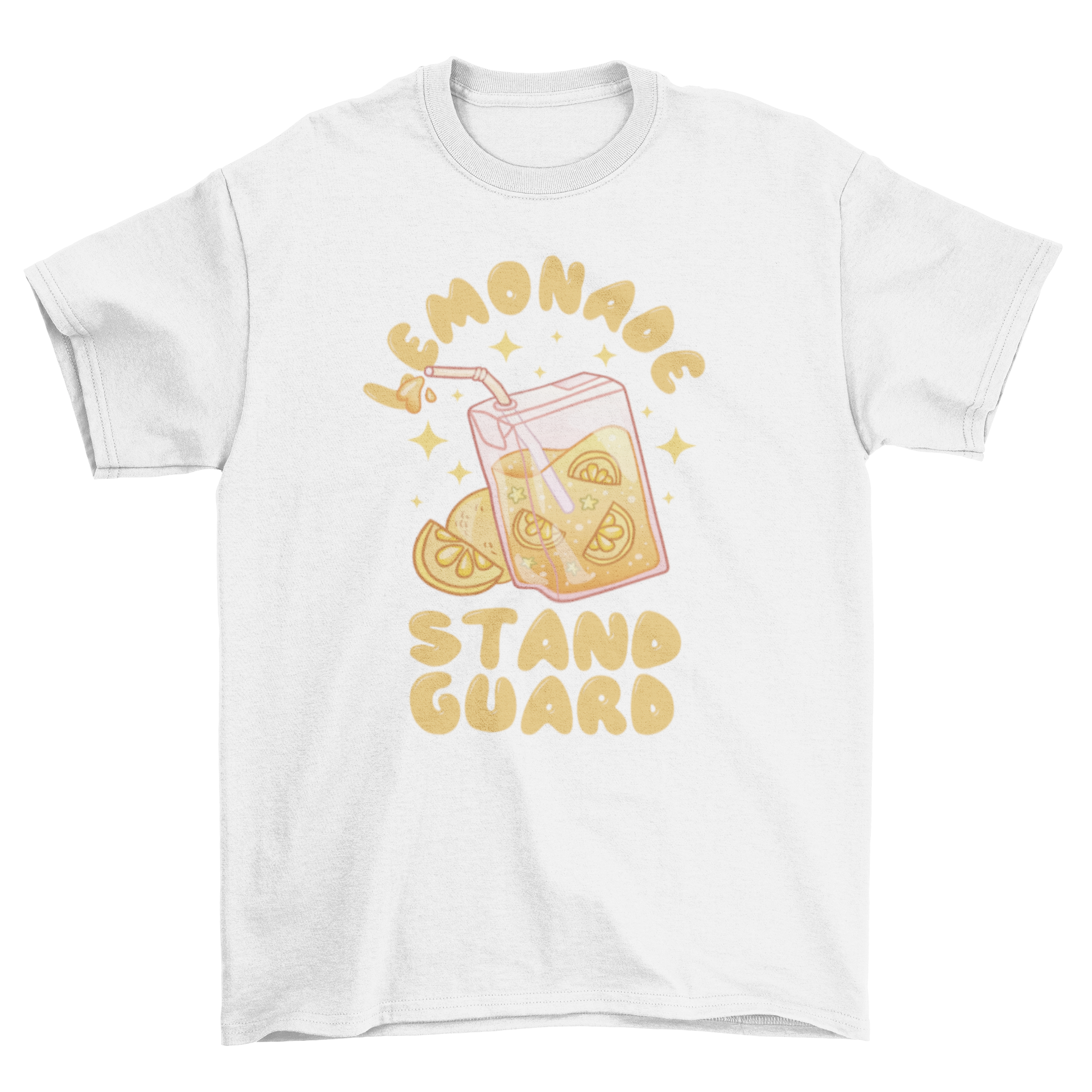 A stylish t-shirt featuring a vibrant lemonade drink design and the quote 'Lemonade stand guard', perfect for casual wear.