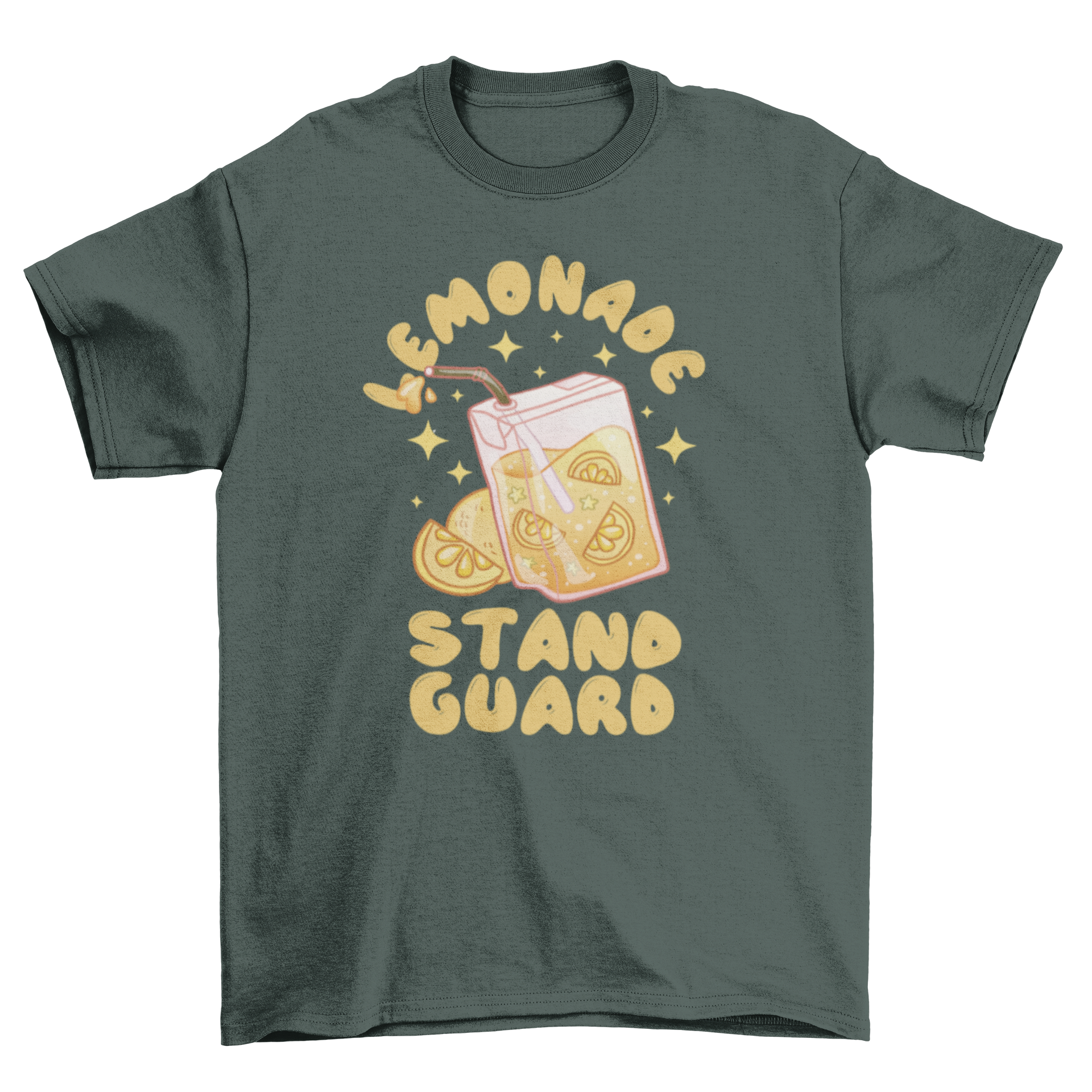 A stylish t-shirt featuring a vibrant lemonade drink design and the quote 'Lemonade stand guard', perfect for casual wear.