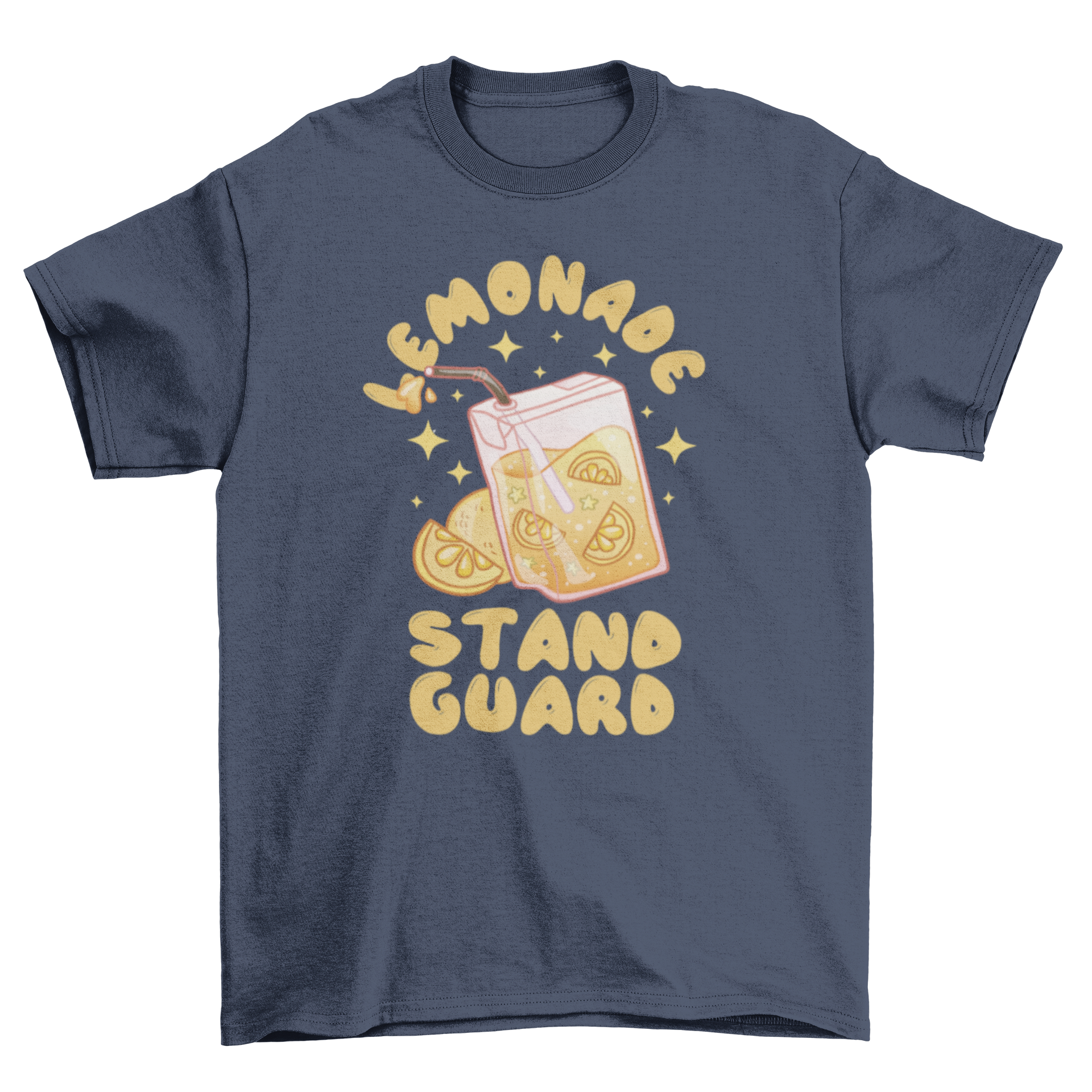 A stylish t-shirt featuring a vibrant lemonade drink design and the quote 'Lemonade stand guard', perfect for casual wear.