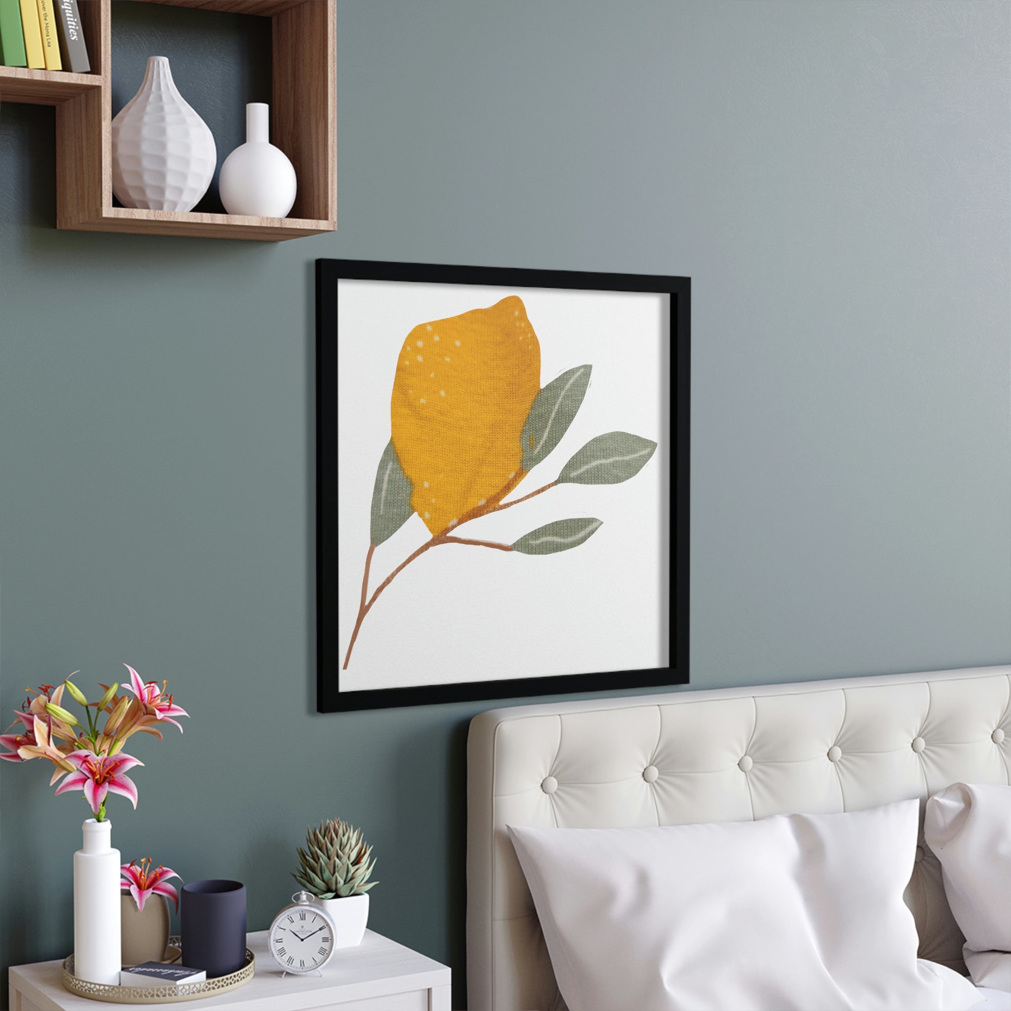 A vibrant framed poster featuring lemons, showcasing a hand-crafted wooden frame and bright colors.