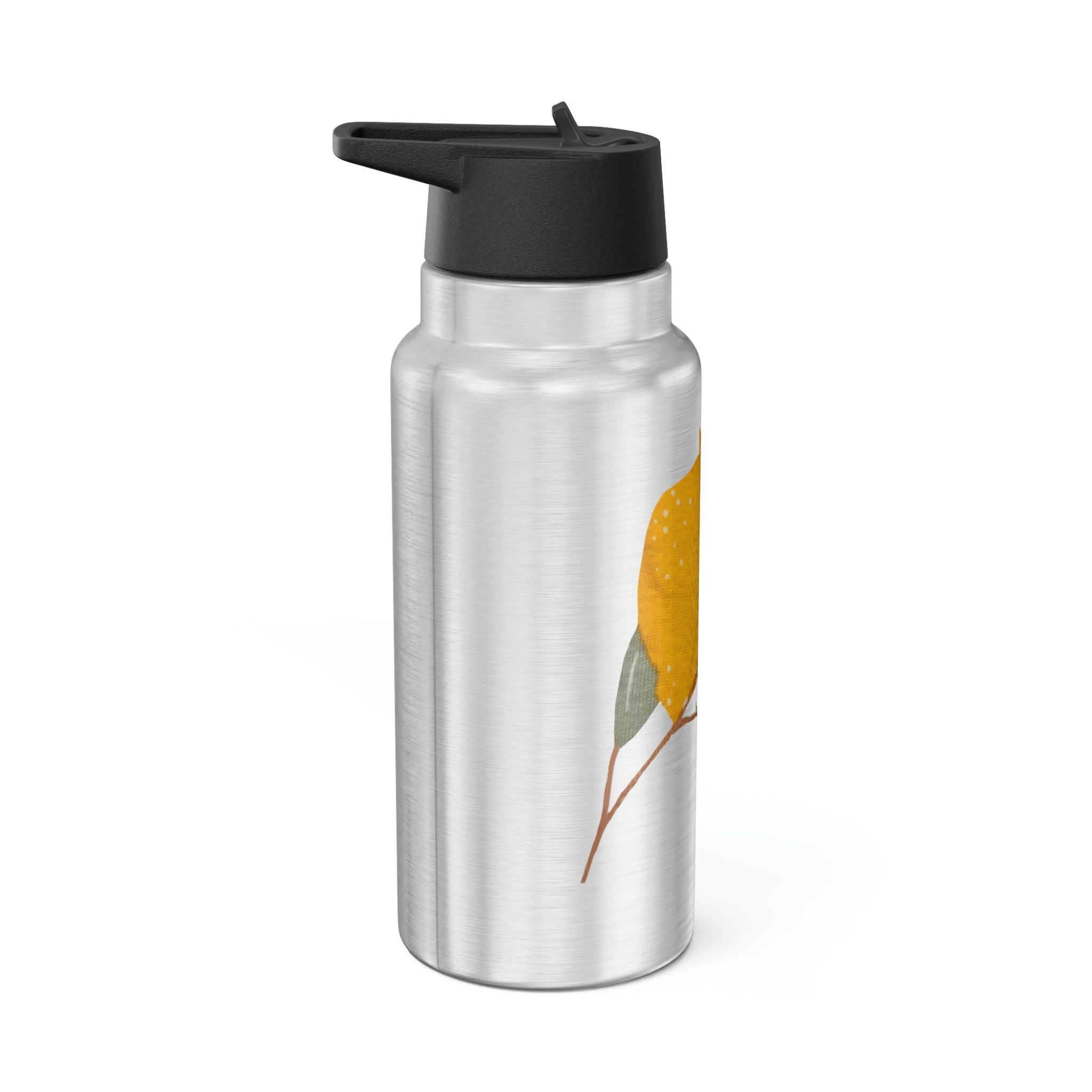 Lemons Gator Tumbler, 32oz, stainless steel with a vibrant lemon design and a black screw-on cap, includes a plastic straw.