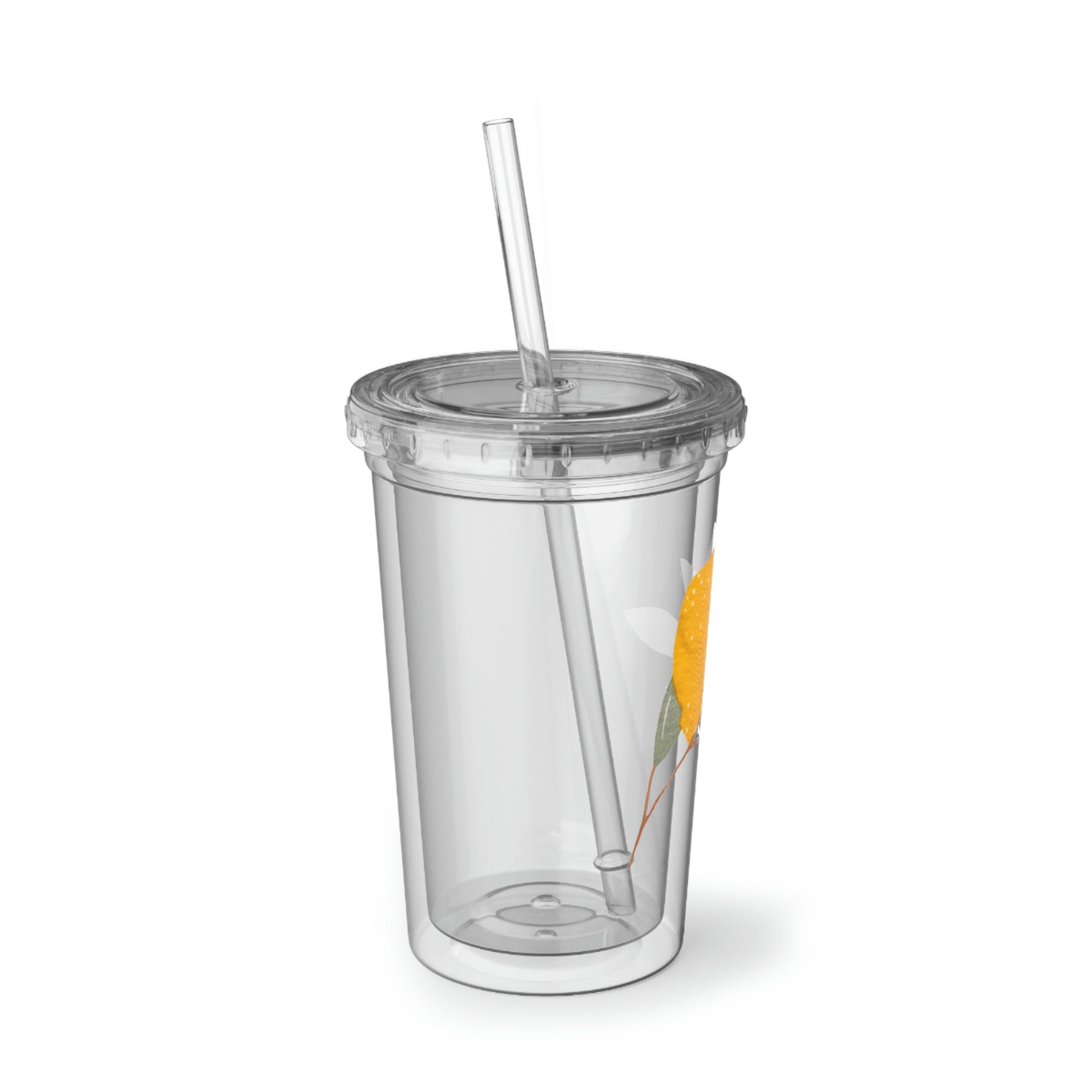 Lemons Suave Acrylic Cup with vibrant artwork, double-wall insulation, and a straw, perfect for hot and cold beverages.