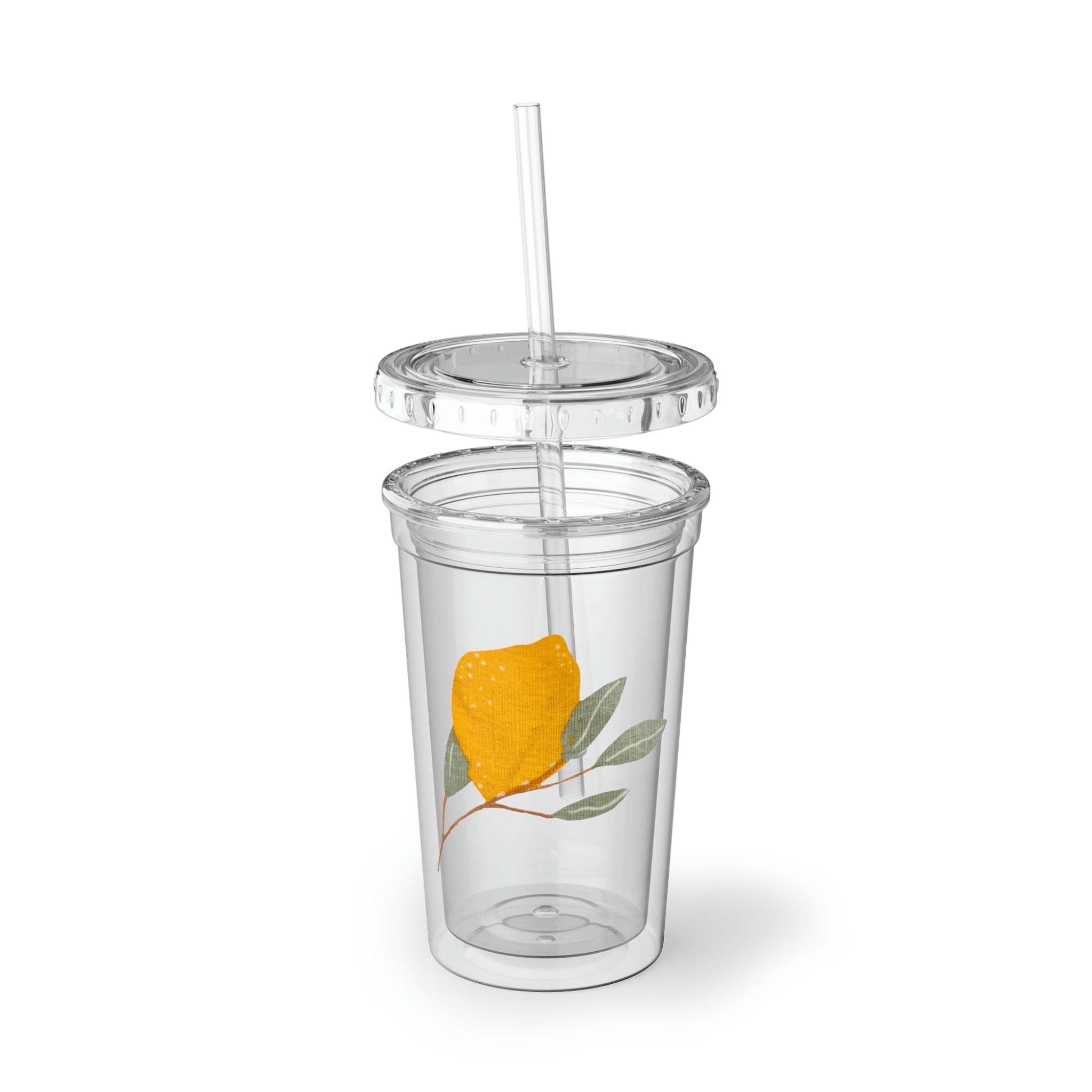 Lemons Suave Acrylic Cup with vibrant artwork, double-wall insulation, and a straw, perfect for hot and cold beverages.