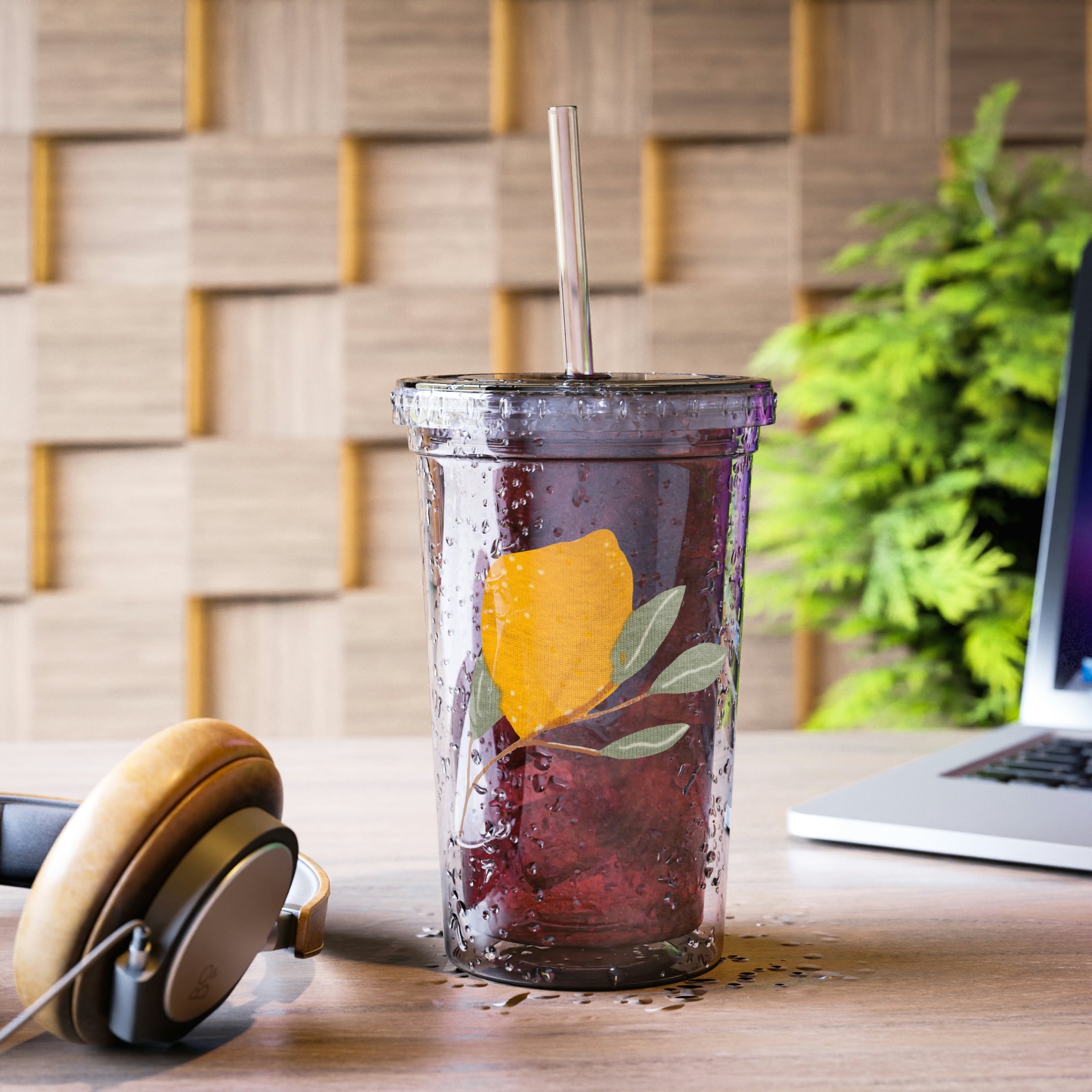 Lemons Suave Acrylic Cup with vibrant artwork, double-wall insulation, and a straw, perfect for hot and cold beverages.