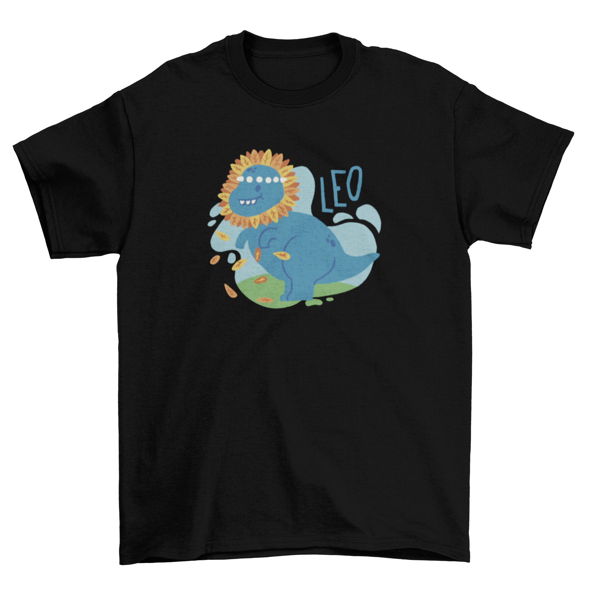 A cute t-shirt featuring a dinosaur with a flower crown and the word 'Leo' printed below.