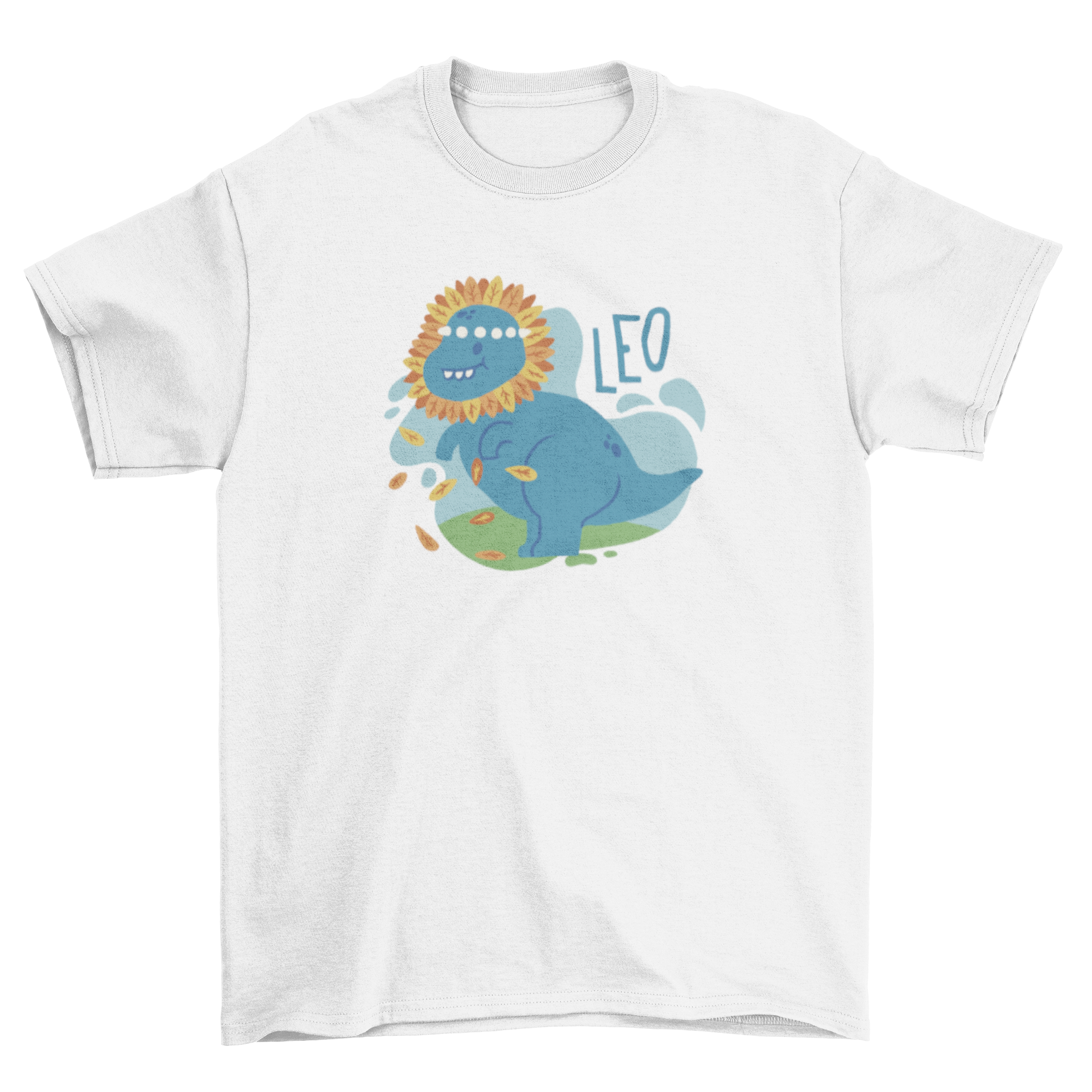 A cute t-shirt featuring a dinosaur with a flower crown and the word 'Leo' printed below.