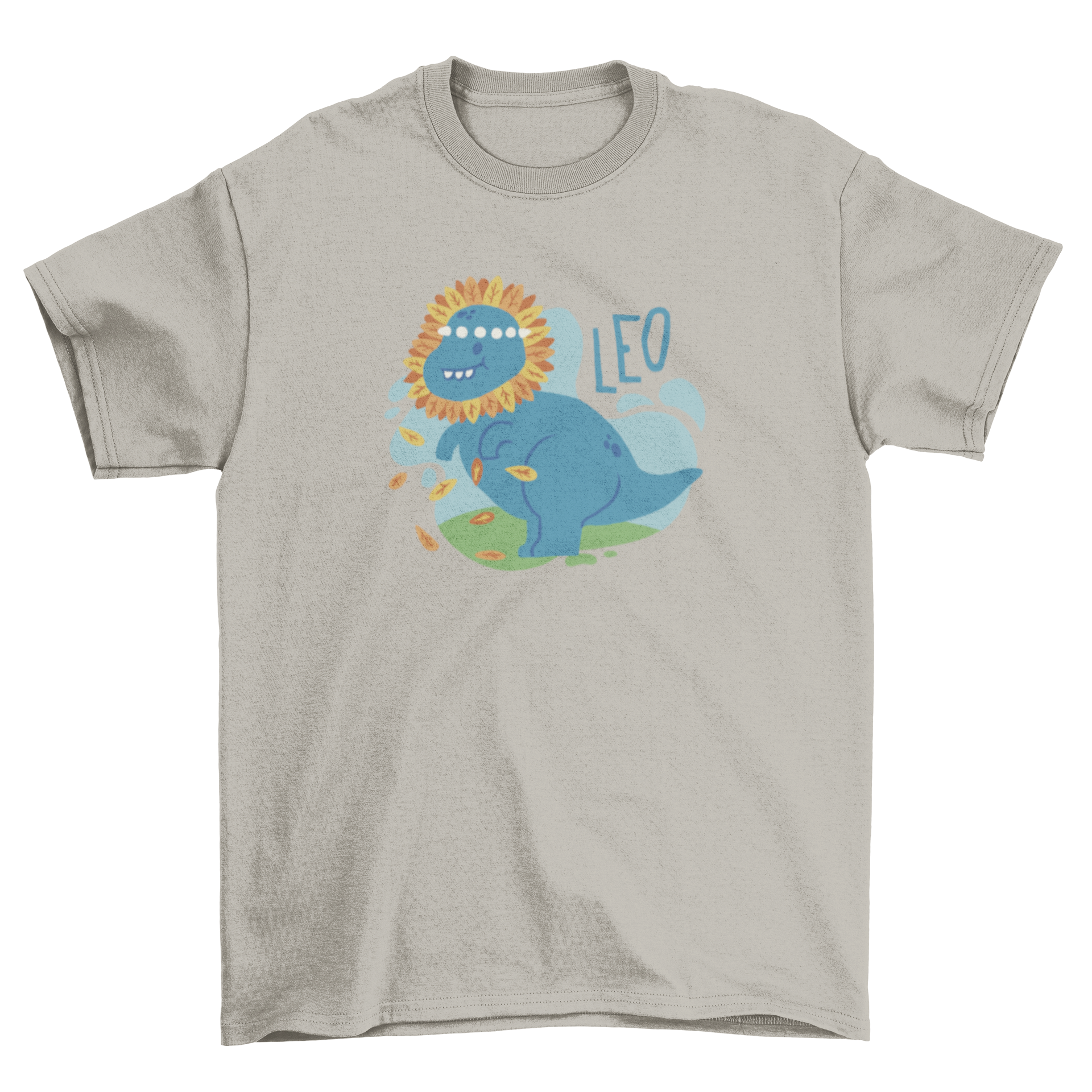 A cute t-shirt featuring a dinosaur with a flower crown and the word 'Leo' printed below.