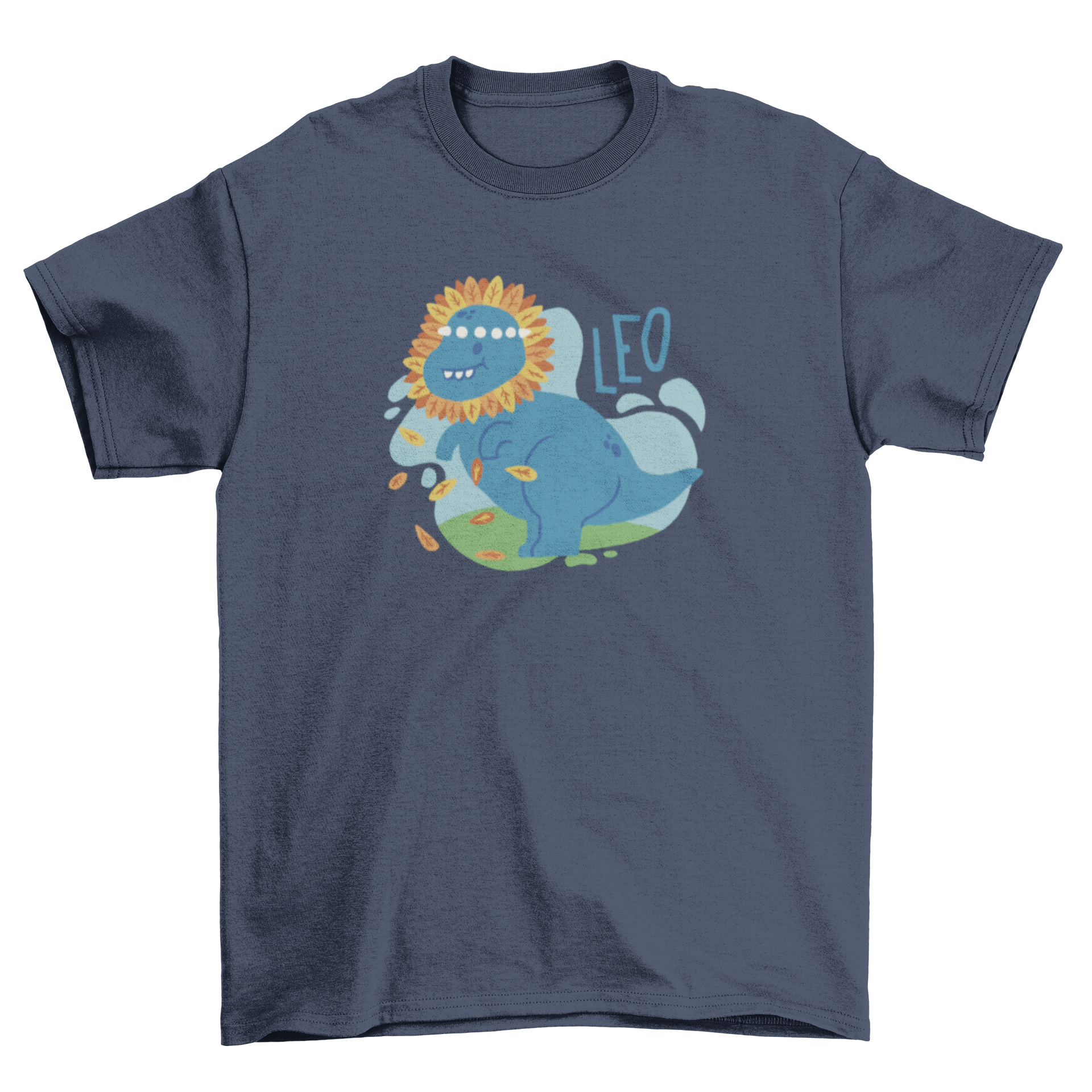 A cute t-shirt featuring a dinosaur with a flower crown and the word 'Leo' printed below.