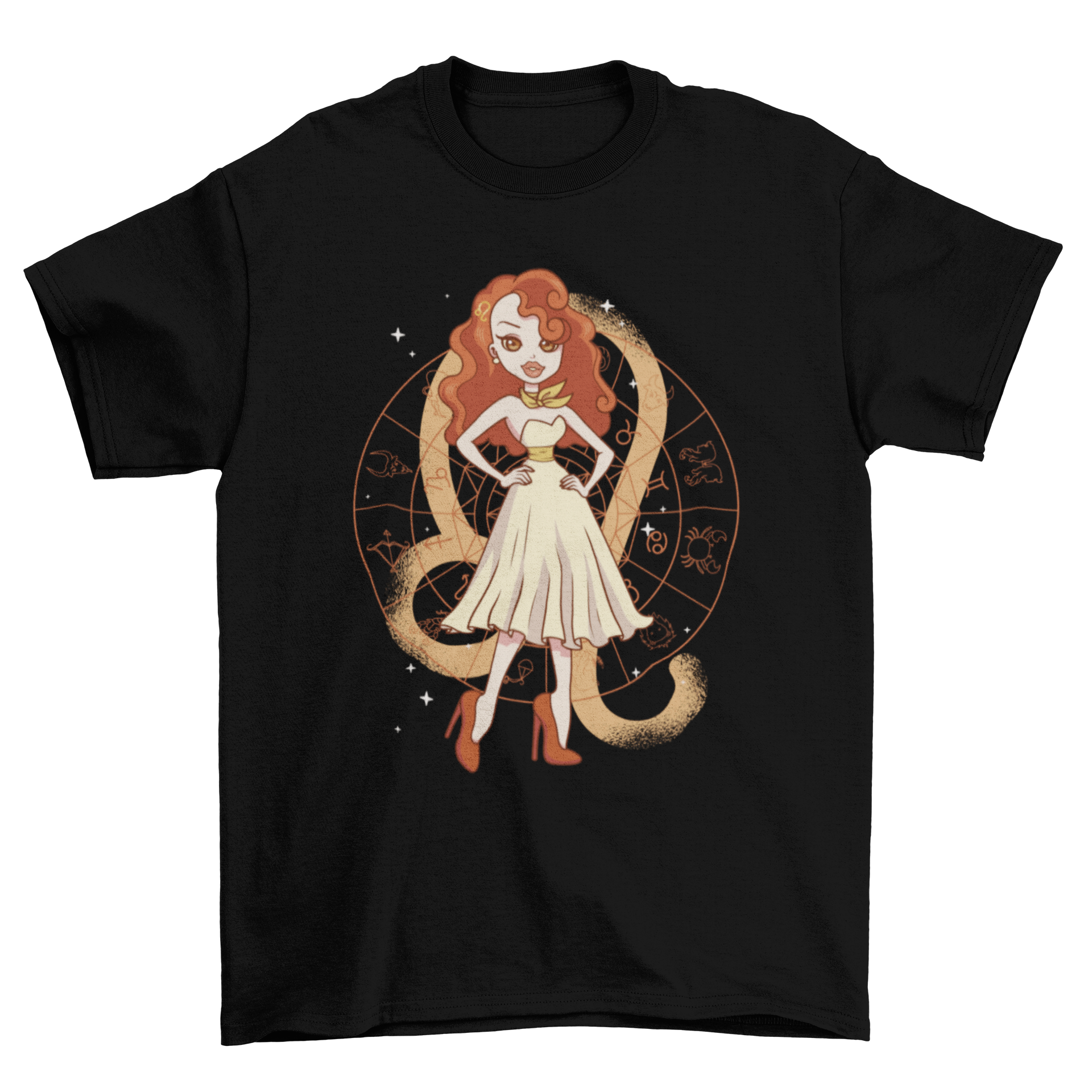 A stylish Leo girl pin-up t-shirt featuring a vibrant illustration of a confident Leo character, perfect for astrology lovers.