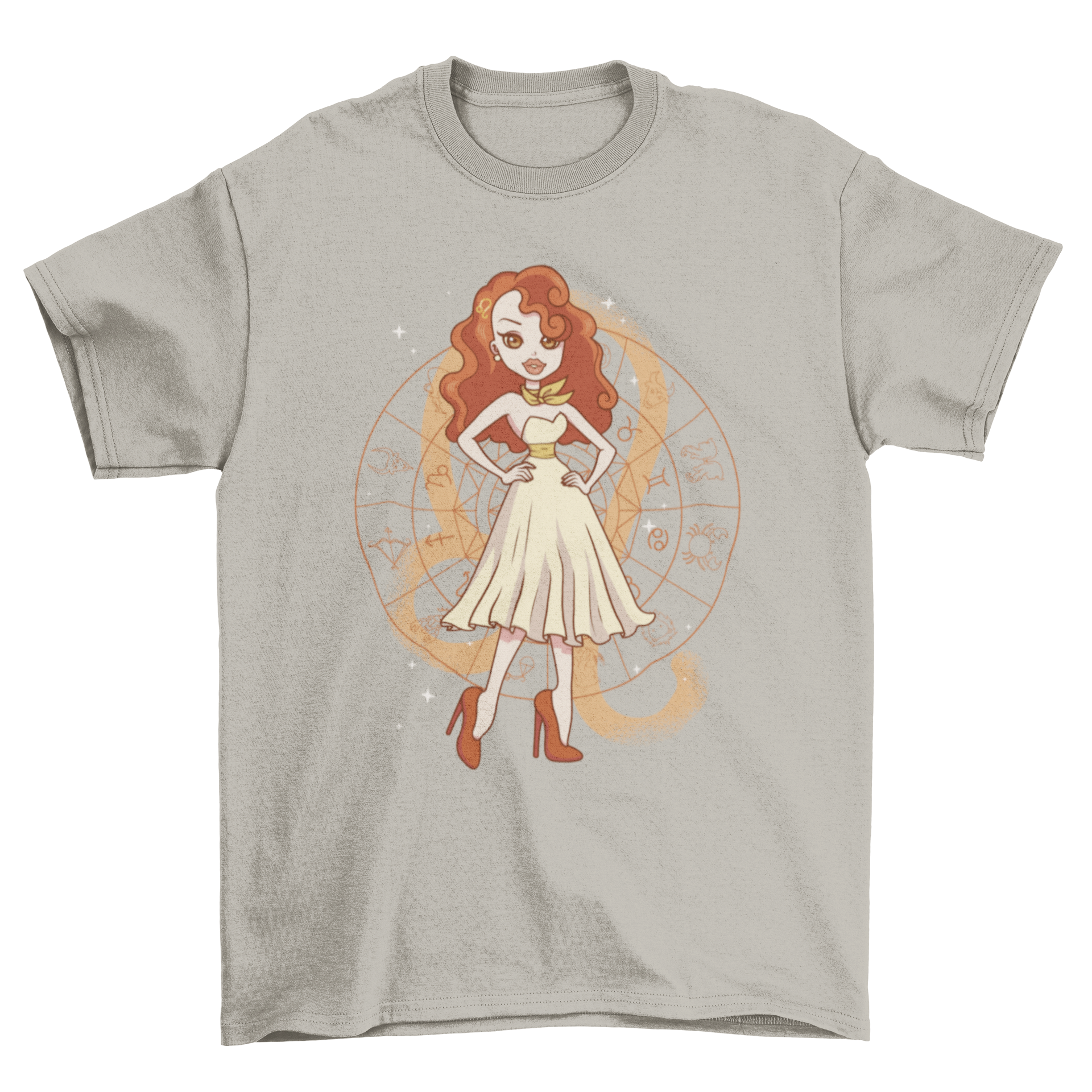 A stylish Leo girl pin-up t-shirt featuring a vibrant illustration of a confident Leo character, perfect for astrology lovers.