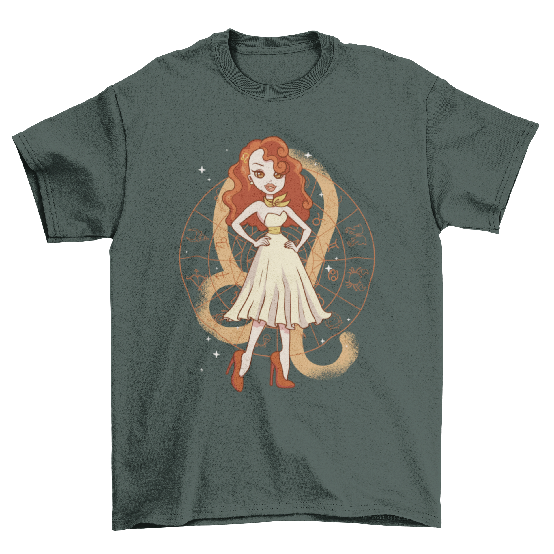 A stylish Leo girl pin-up t-shirt featuring a vibrant illustration of a confident Leo character, perfect for astrology lovers.