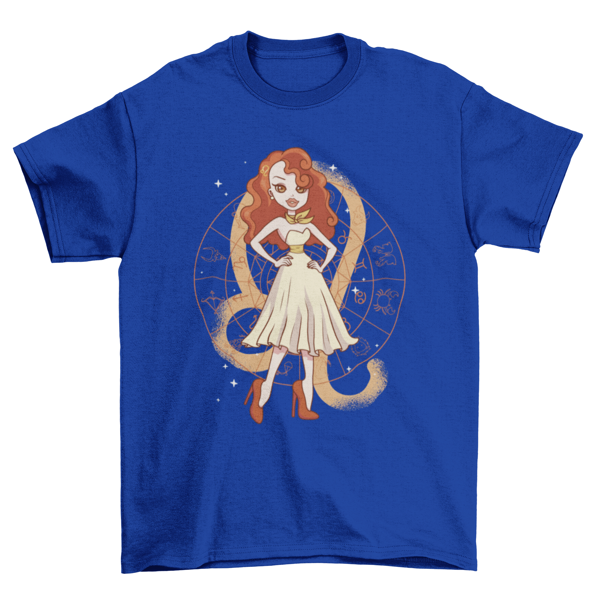 A stylish Leo girl pin-up t-shirt featuring a vibrant illustration of a confident Leo character, perfect for astrology lovers.