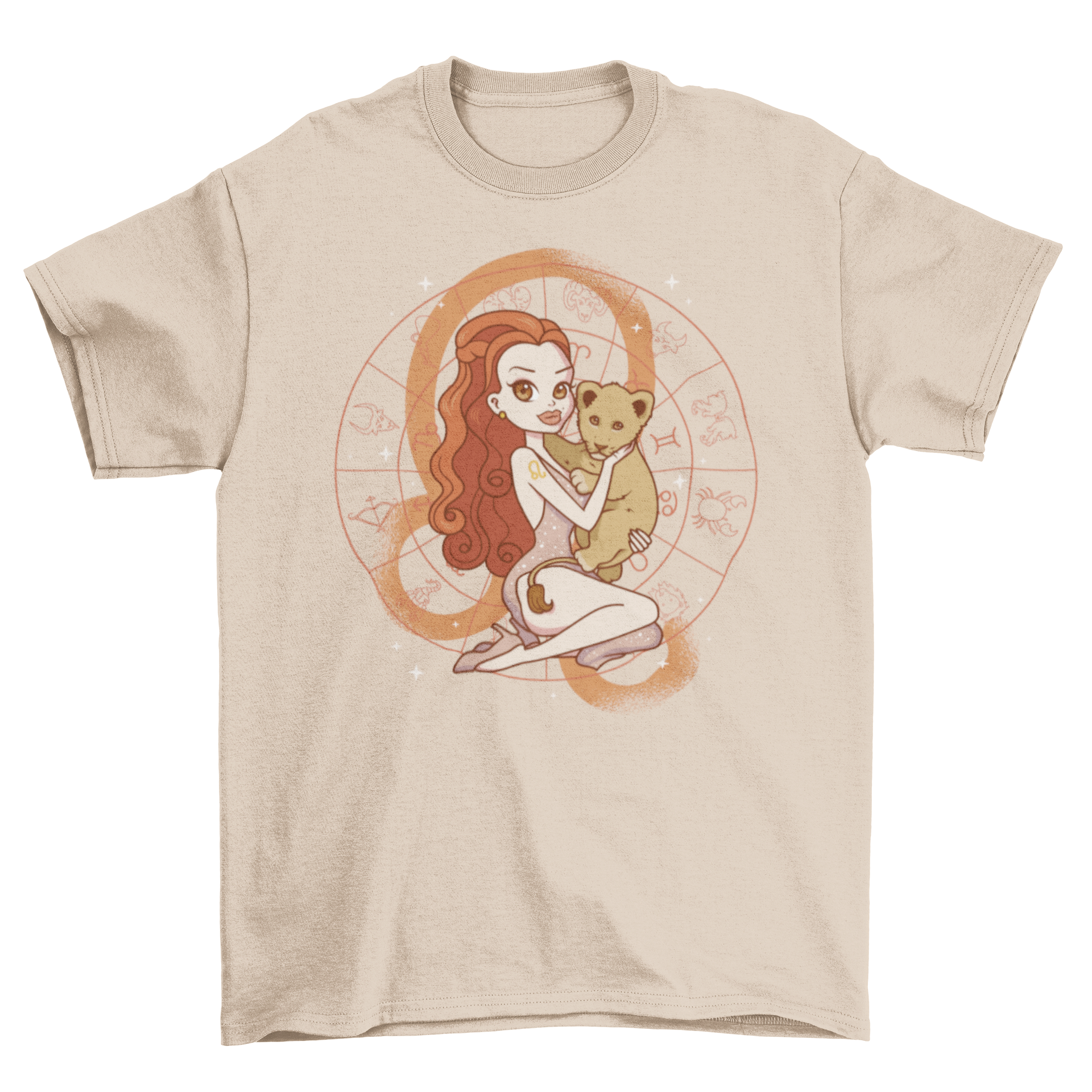 A cute t-shirt featuring a cartoon girl with a baby lion and the Leo zodiac sign in the background, perfect for kids.