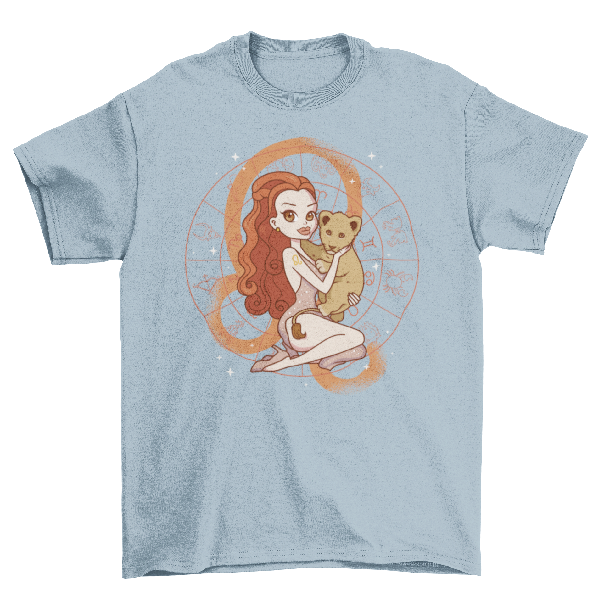 A cute t-shirt featuring a cartoon girl with a baby lion and the Leo zodiac sign in the background, perfect for kids.