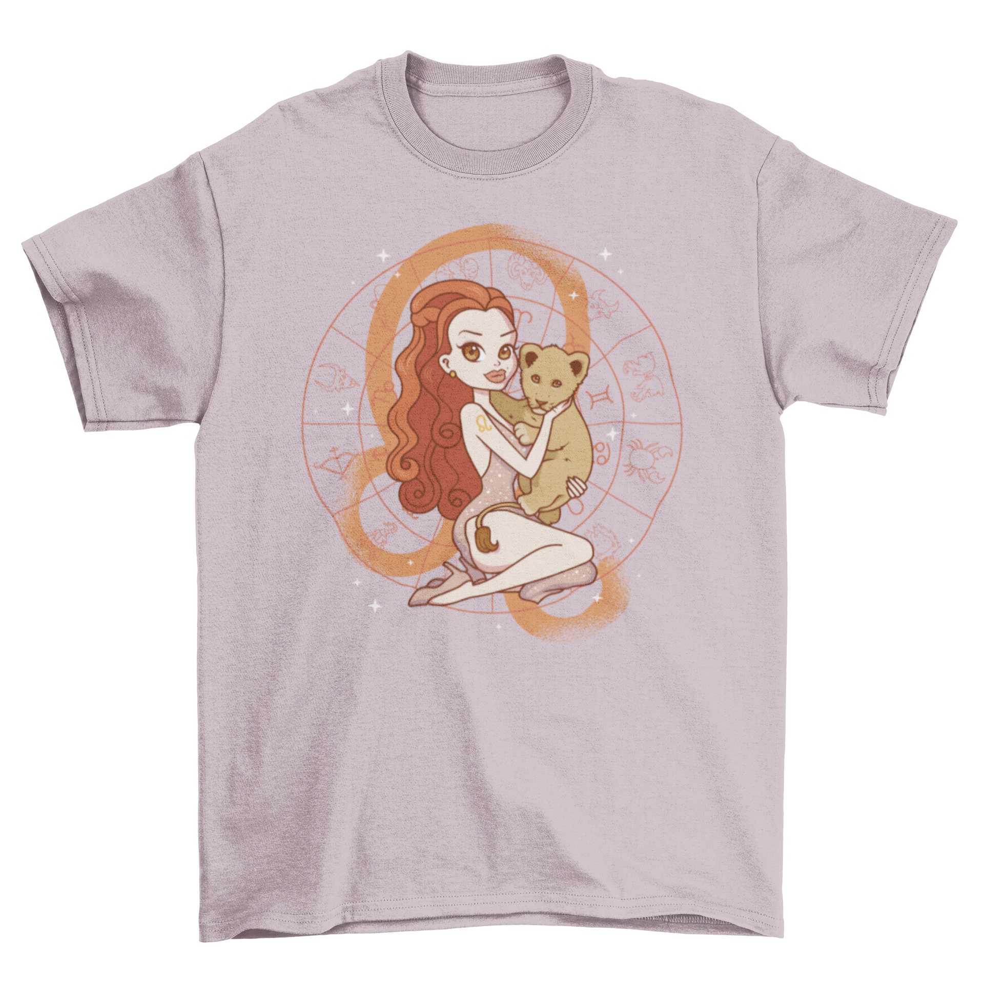 A cute t-shirt featuring a cartoon girl with a baby lion and the Leo zodiac sign in the background, perfect for kids.