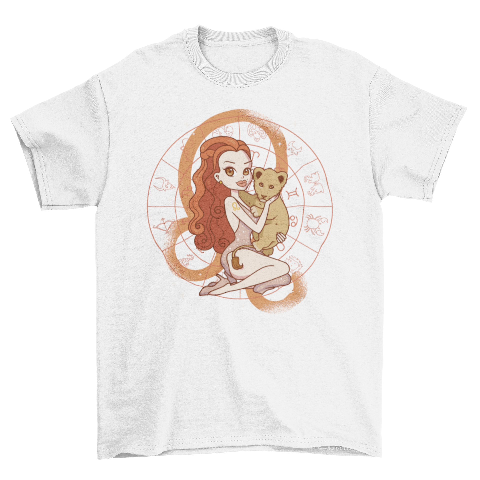 A cute t-shirt featuring a cartoon girl with a baby lion and the Leo zodiac sign in the background, perfect for kids.