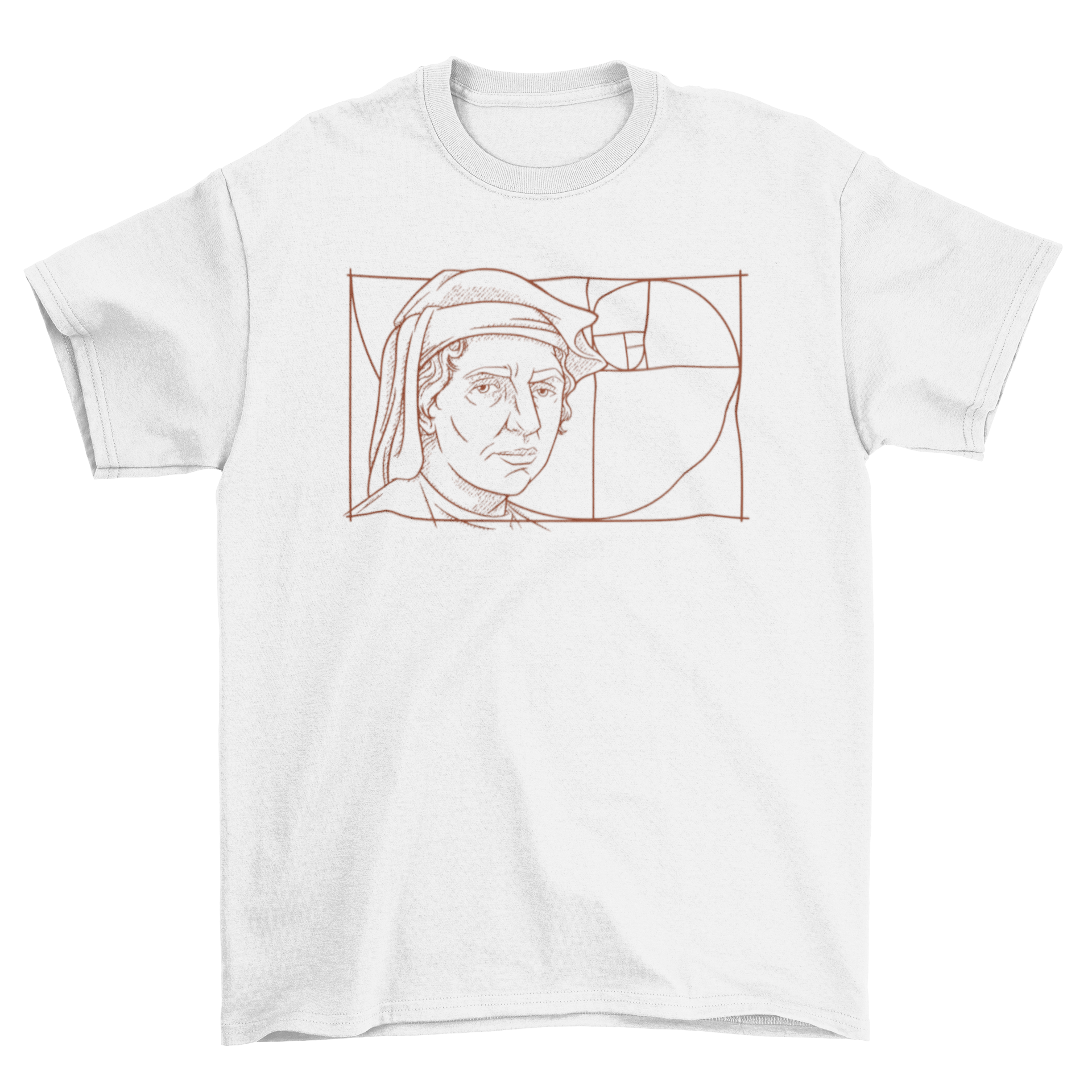 Leonardo Fibonacci portrait t-shirt featuring a minimalist line art design of the famous mathematician.