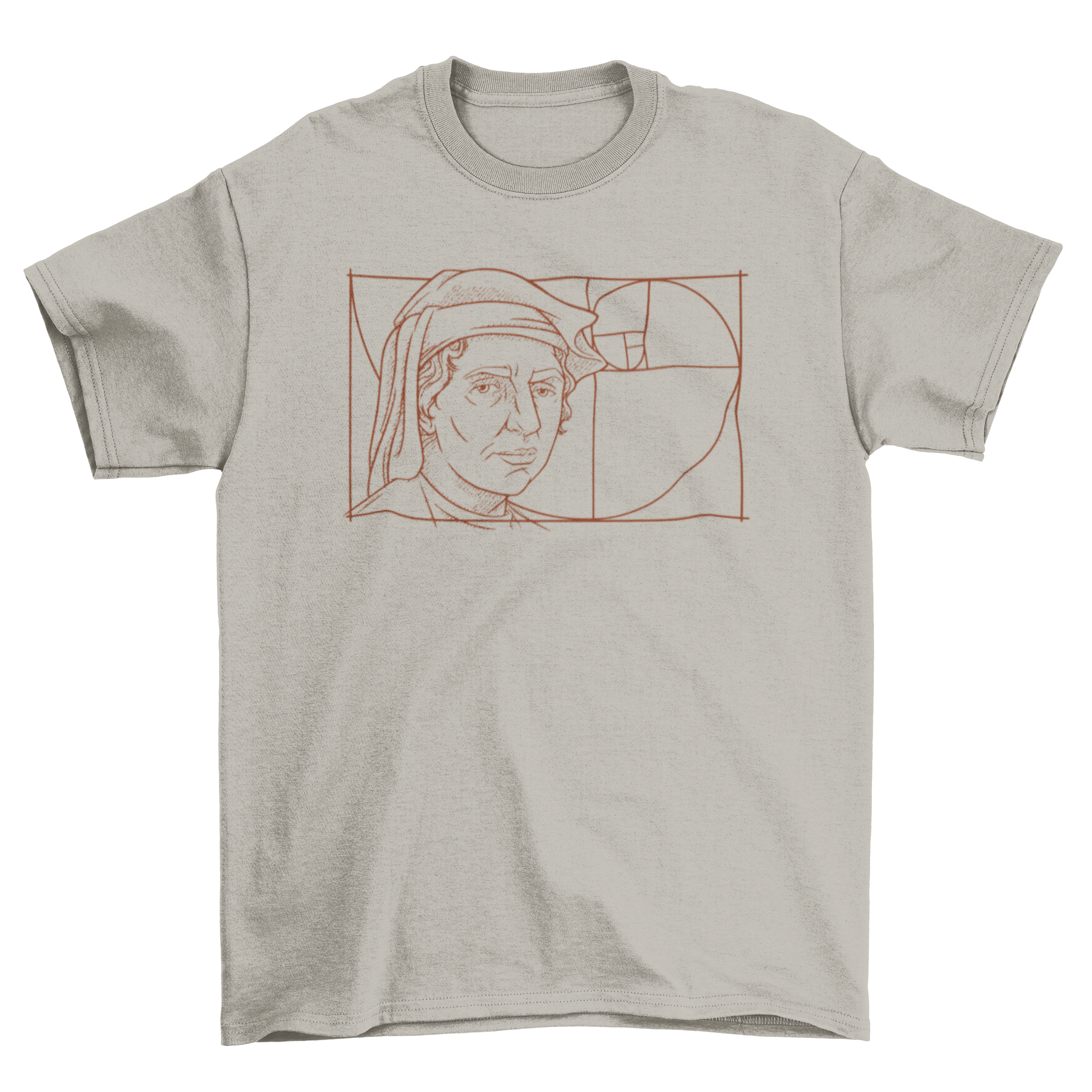 Leonardo Fibonacci portrait t-shirt featuring a minimalist line art design of the famous mathematician.