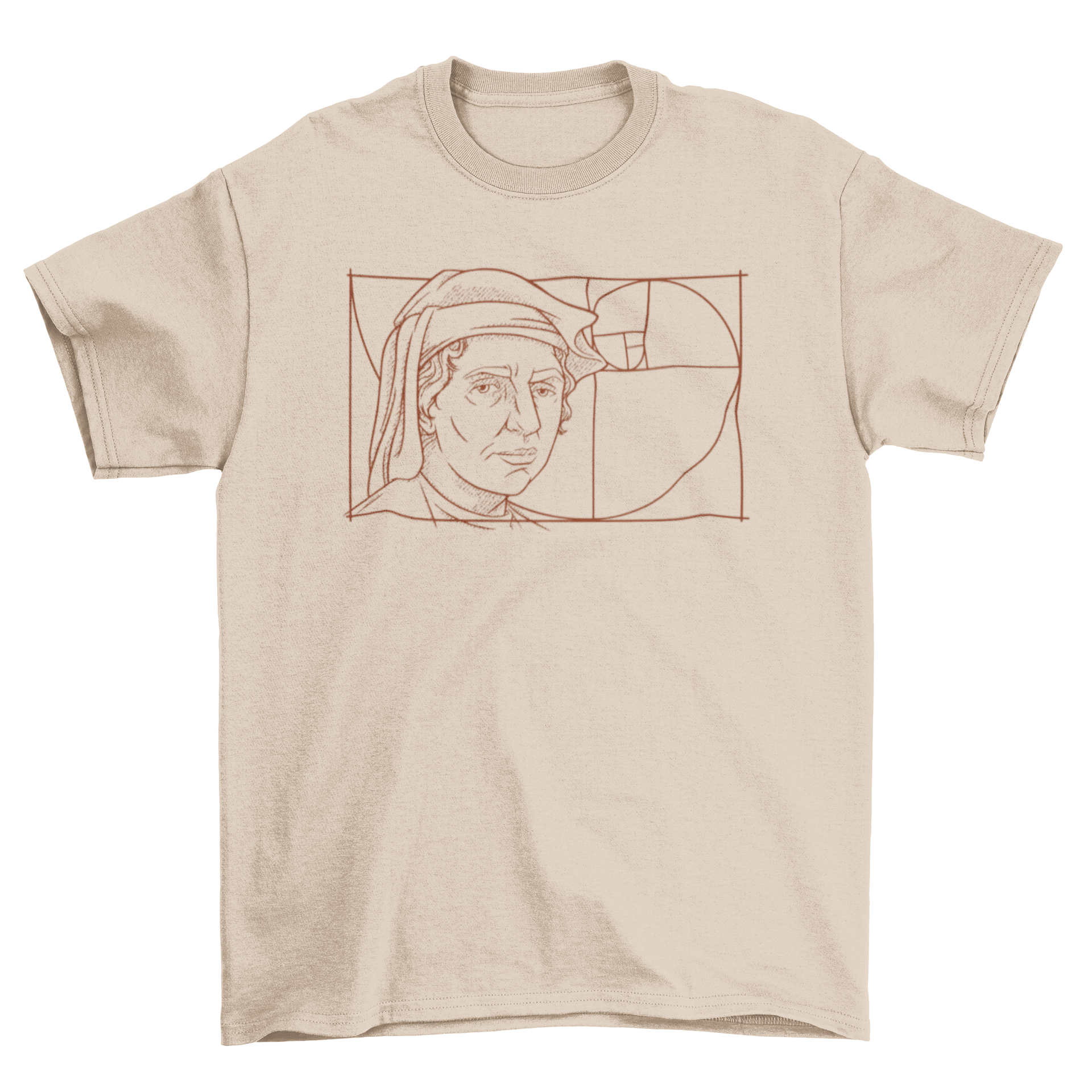 Leonardo Fibonacci portrait t-shirt featuring a minimalist line art design of the famous mathematician.