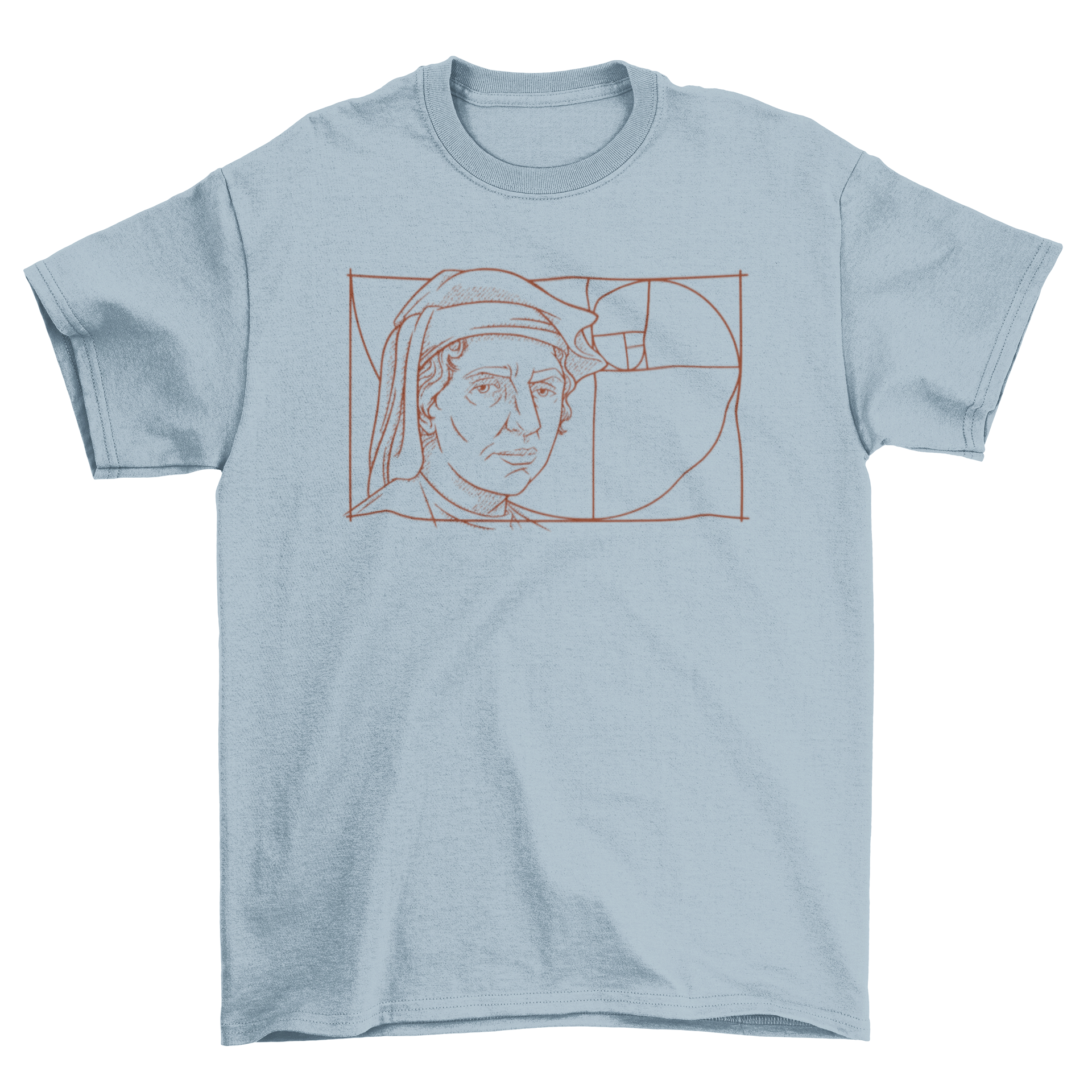 Leonardo Fibonacci portrait t-shirt featuring a minimalist line art design of the famous mathematician.