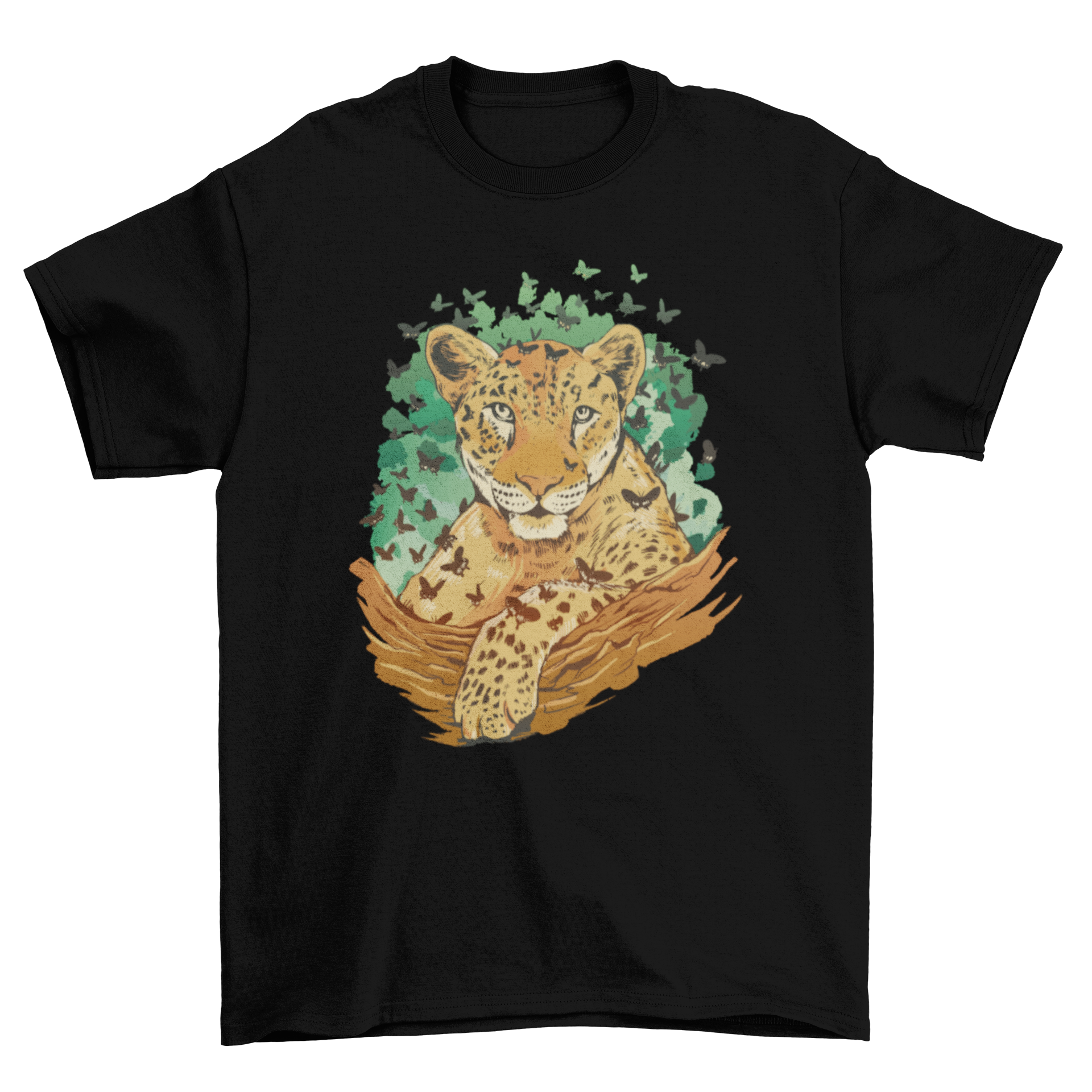 A stylish t-shirt featuring a leopard surrounded by colorful butterflies, showcasing a unique and vibrant design.