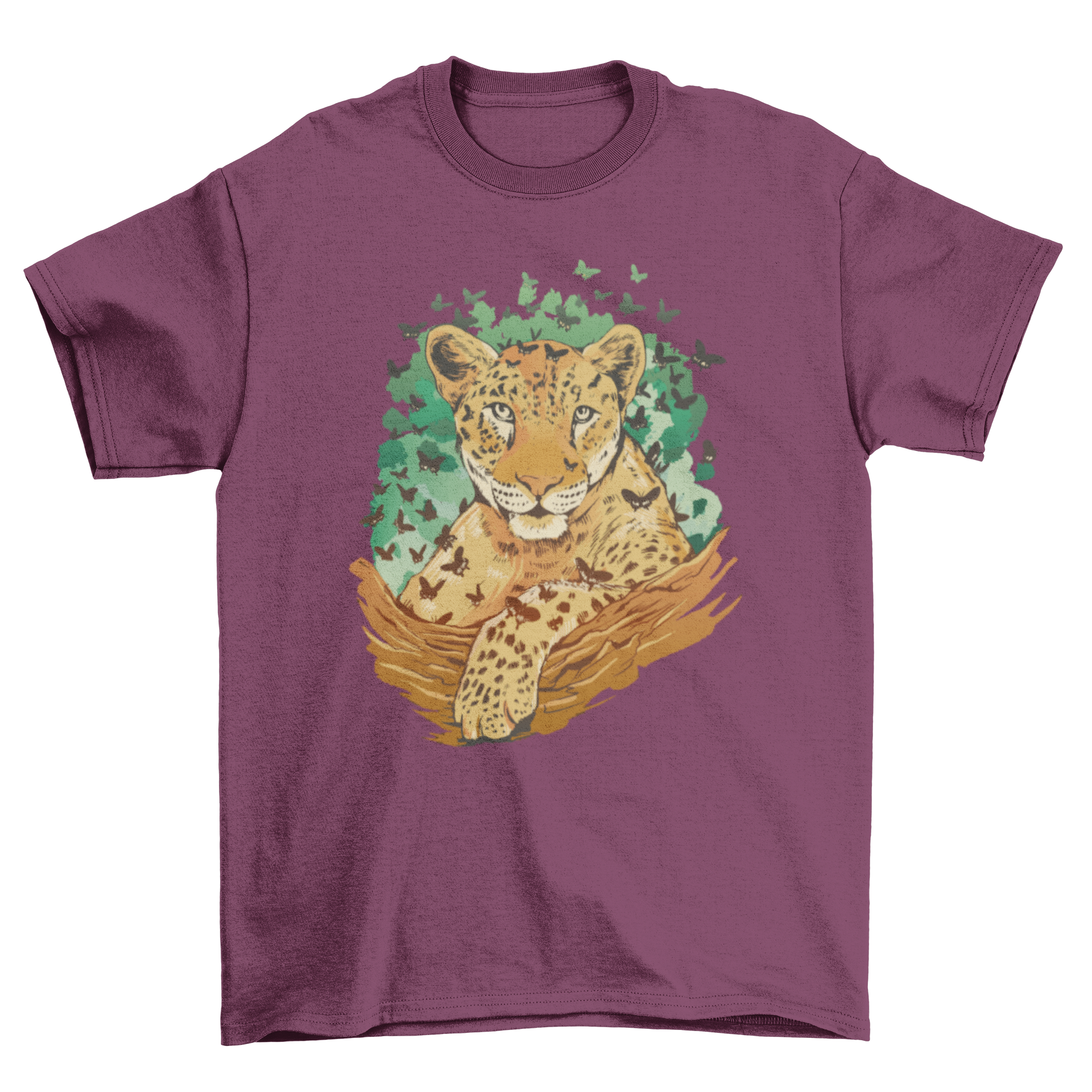 A stylish t-shirt featuring a leopard surrounded by colorful butterflies, showcasing a unique and vibrant design.