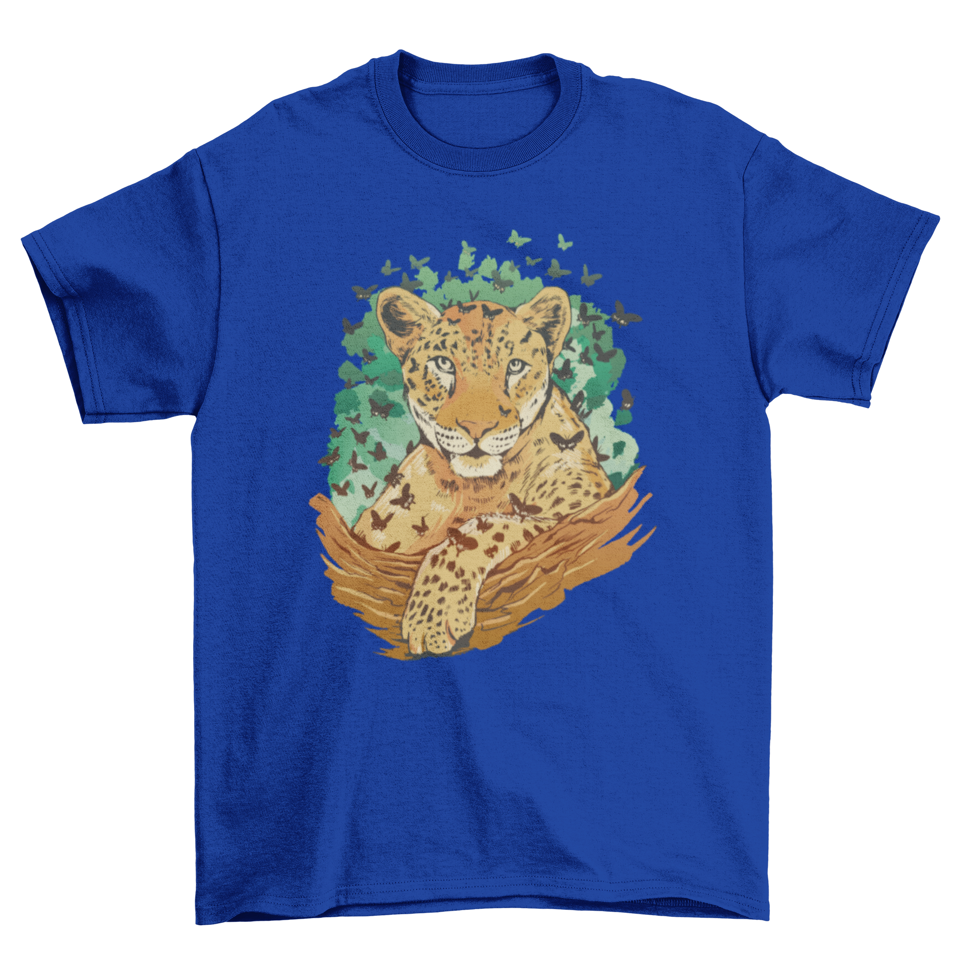 A stylish t-shirt featuring a leopard surrounded by colorful butterflies, showcasing a unique and vibrant design.