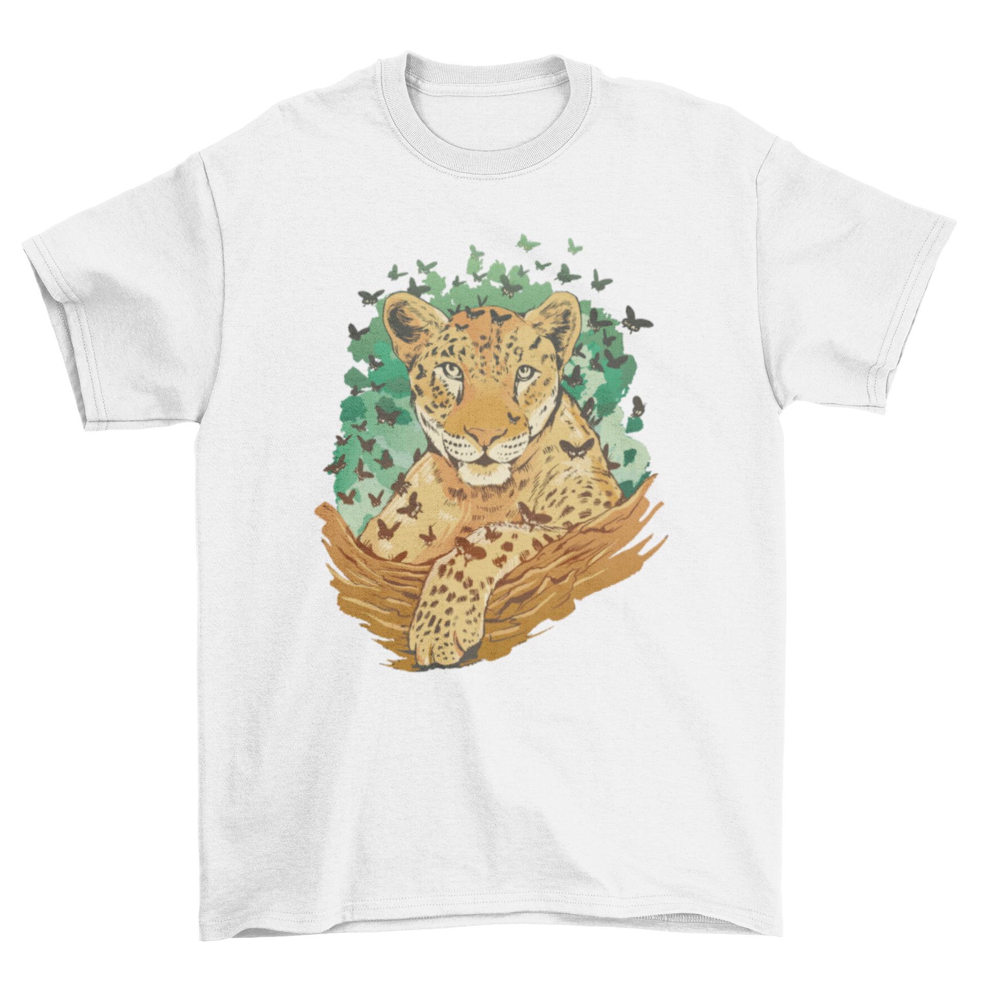 A stylish t-shirt featuring a leopard surrounded by colorful butterflies, showcasing a unique and vibrant design.