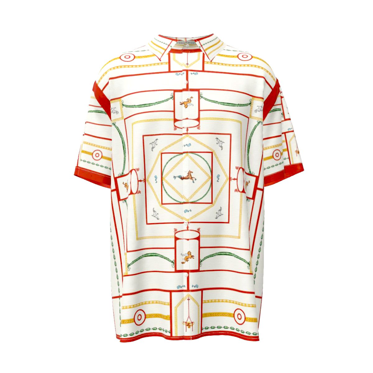 Leo's Lazy Labyrinth designer short-sleeved button shirt in luxurious fabric with a light-reflecting sheen.