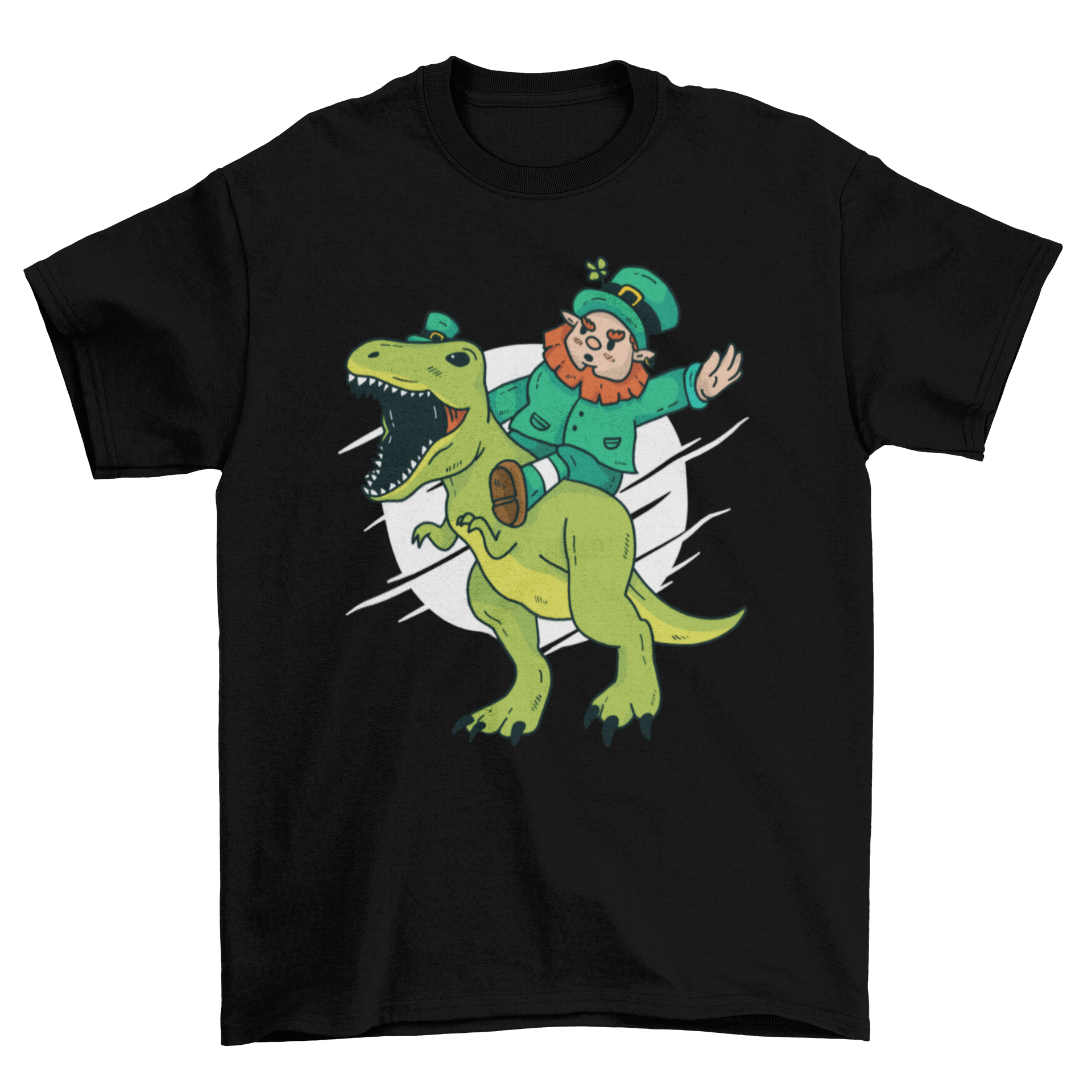 Leprechaun Dino T-Shirt featuring a leprechaun riding a T-Rex, perfect for St. Patrick's Day celebrations.