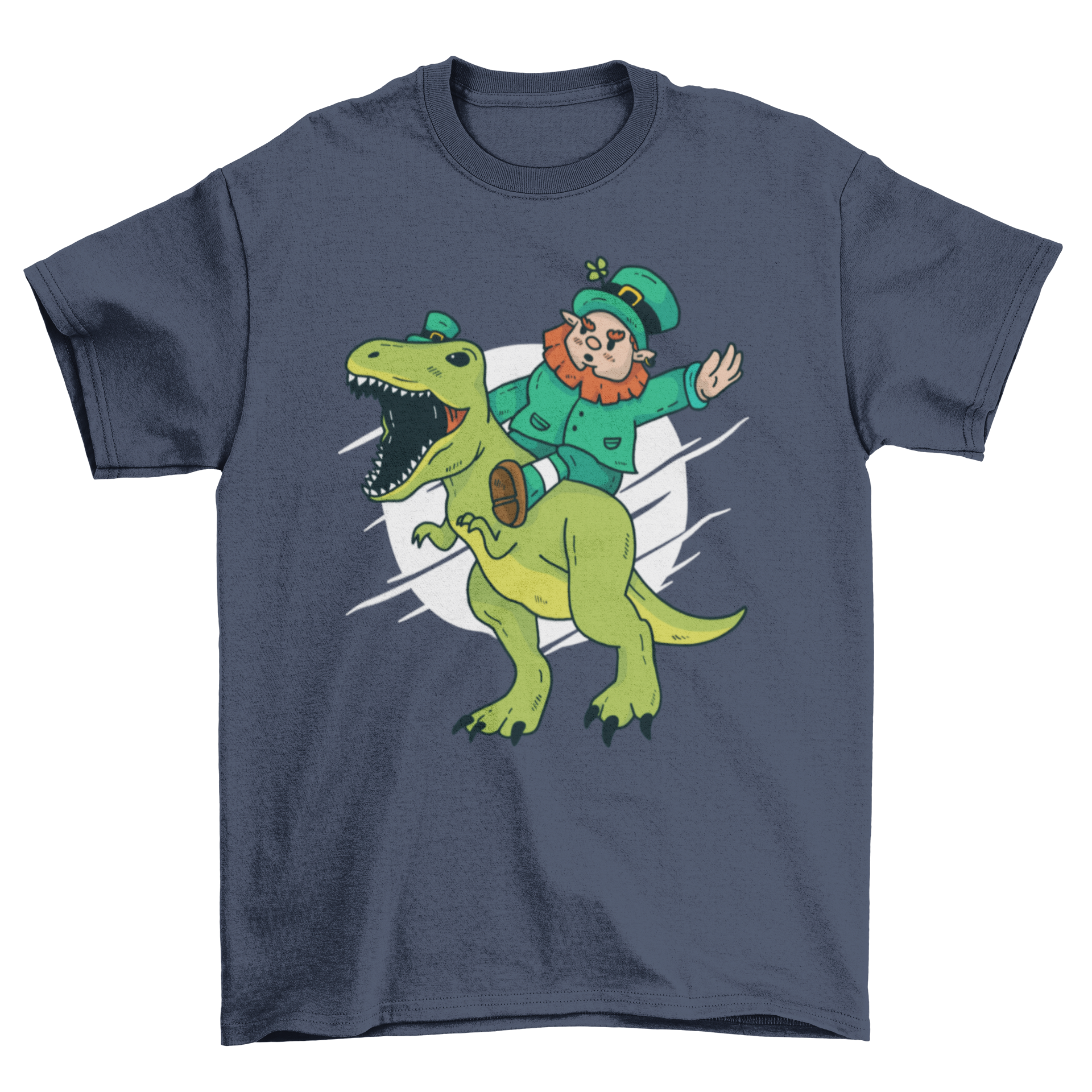 Leprechaun Dino T-Shirt featuring a leprechaun riding a T-Rex, perfect for St. Patrick's Day celebrations.