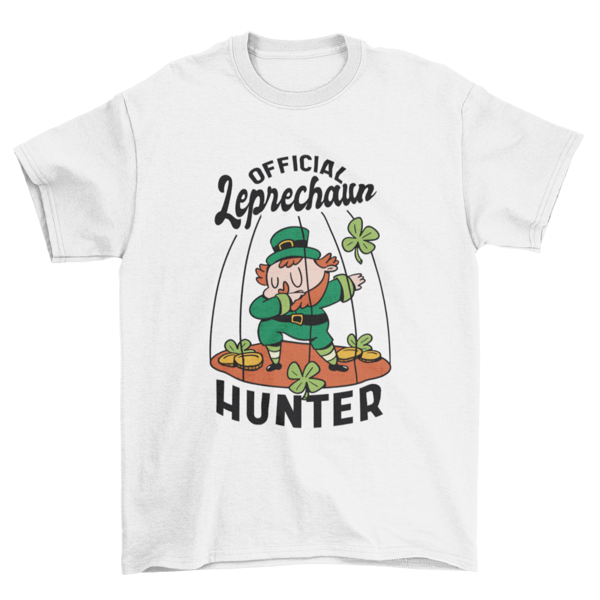 Leprechaun Hunter T-Shirt featuring a leprechaun in a cage surrounded by clovers and gold coins.