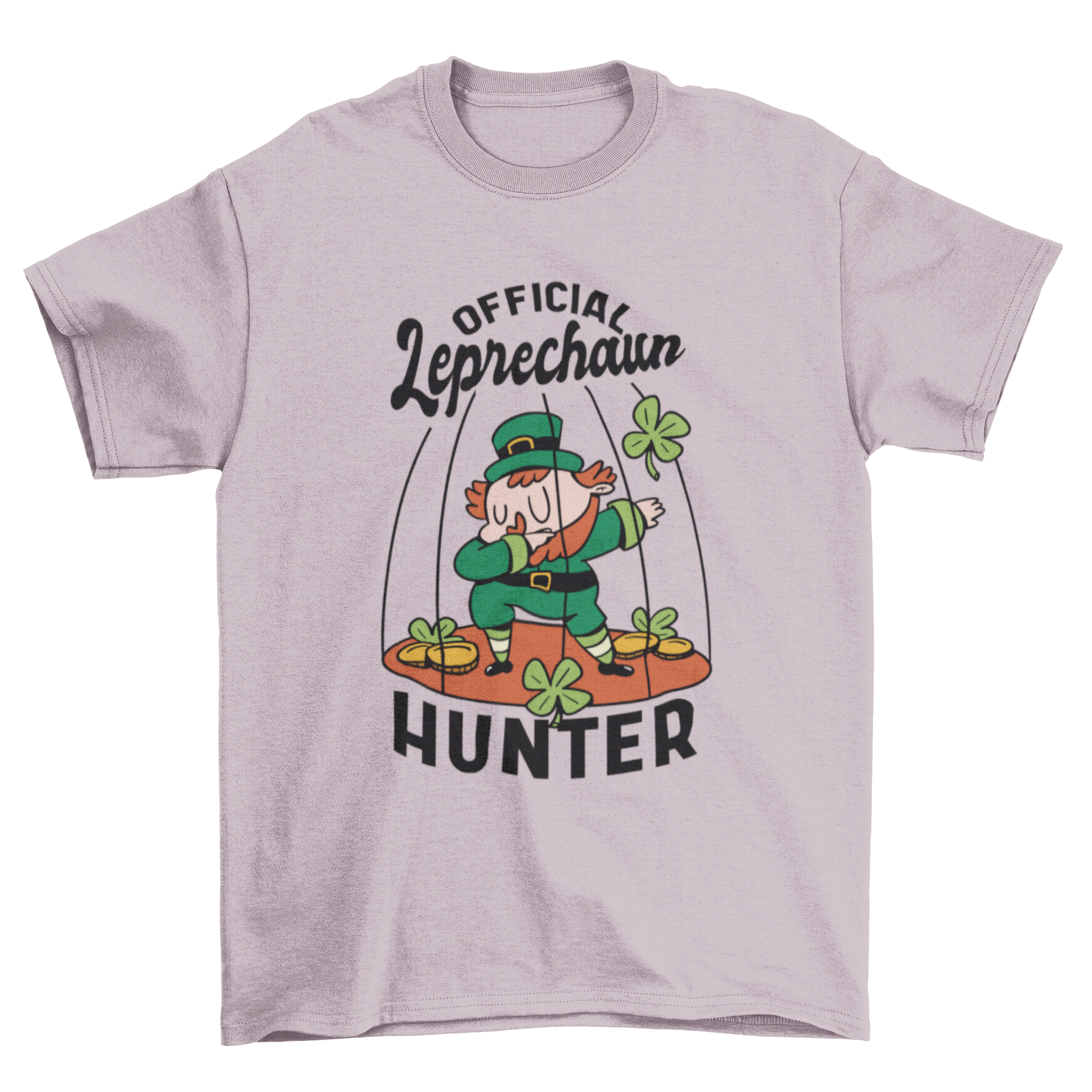 Leprechaun Hunter T-Shirt featuring a leprechaun in a cage surrounded by clovers and gold coins.