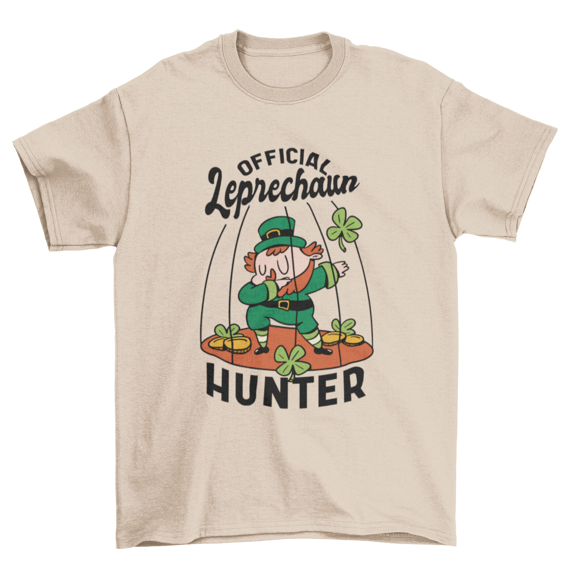 Leprechaun Hunter T-Shirt featuring a leprechaun in a cage surrounded by clovers and gold coins.