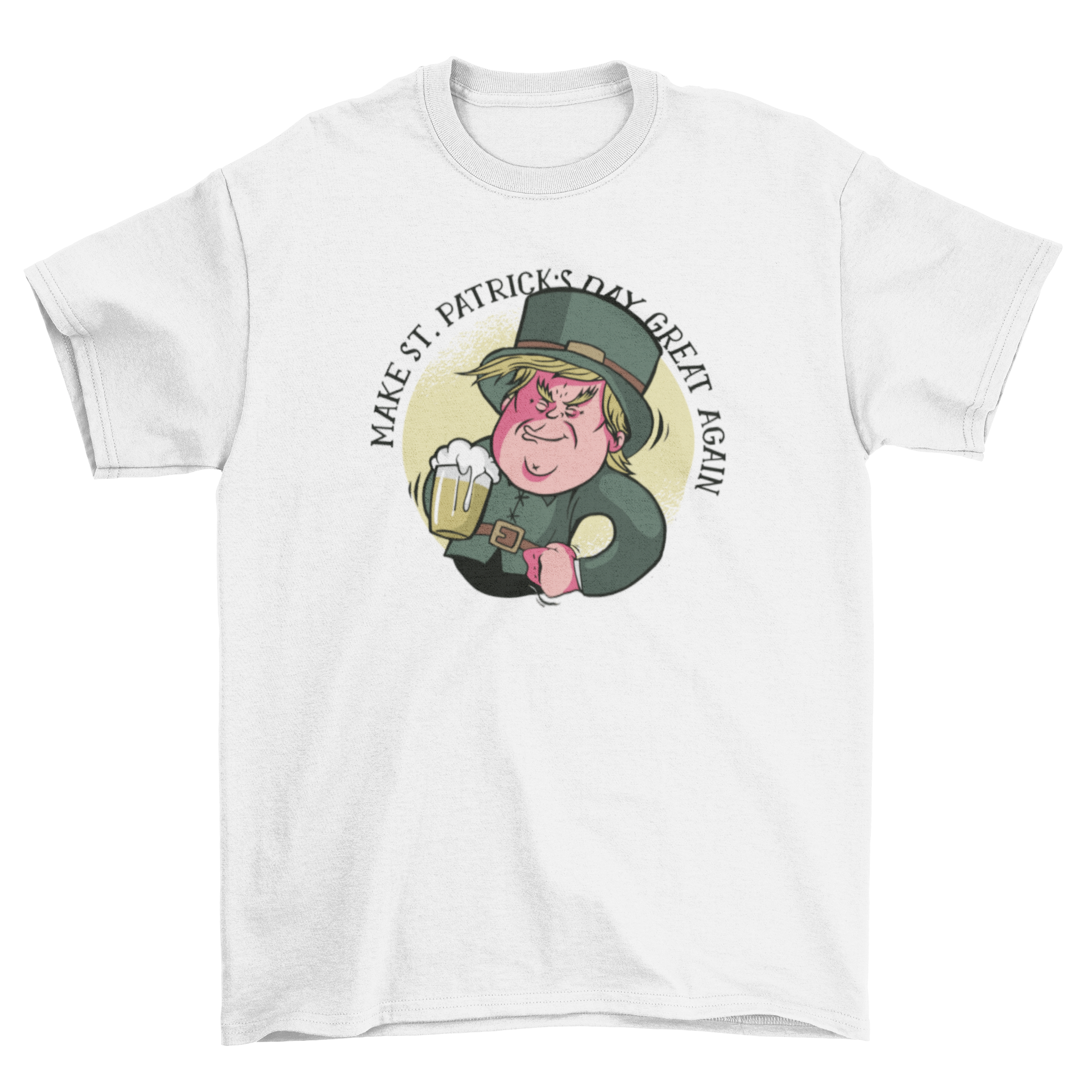 Leprechaun Trump T-Shirt featuring the President of the USA in St. Patrick's Day attire holding a beer.