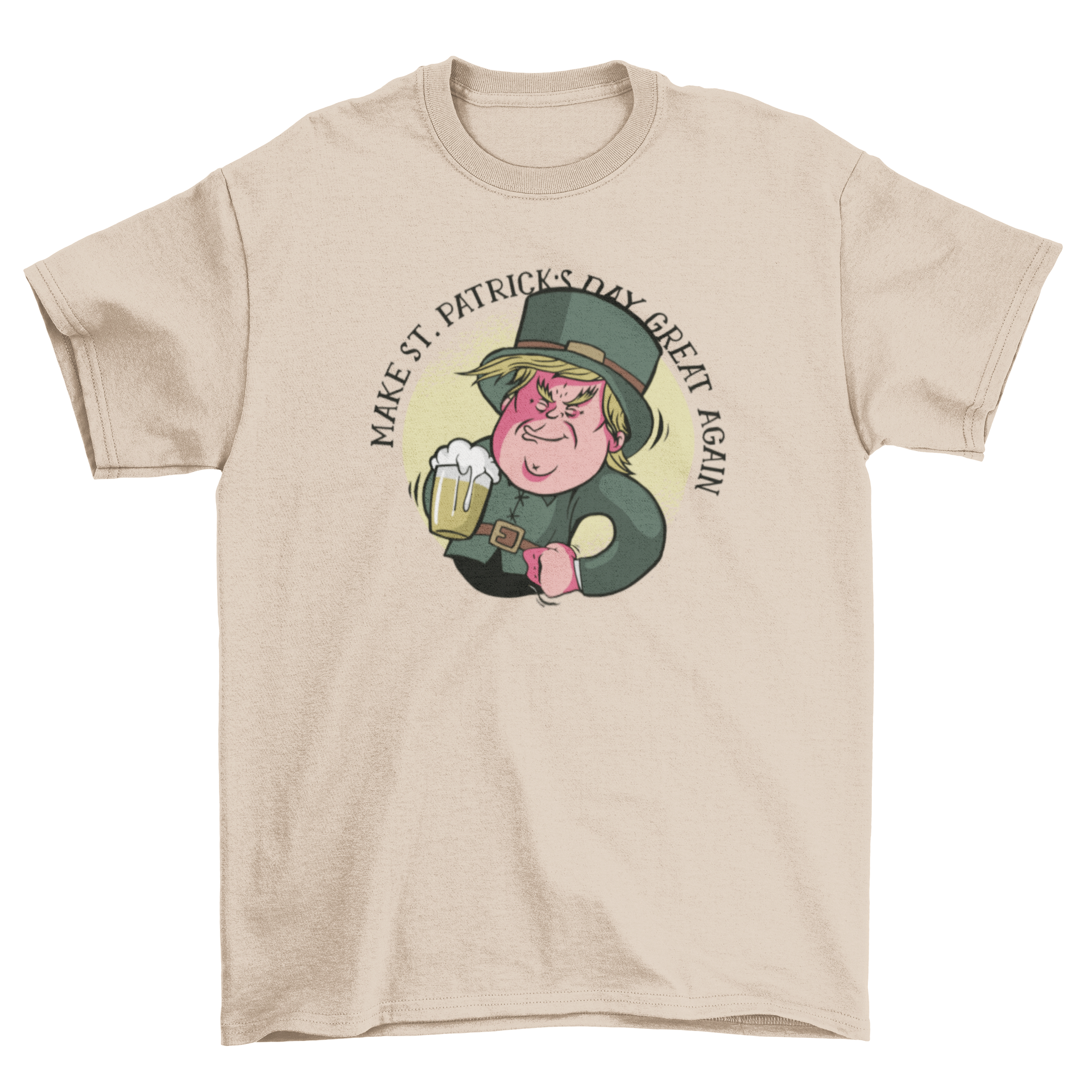 Leprechaun Trump T-Shirt featuring the President of the USA in St. Patrick's Day attire holding a beer.