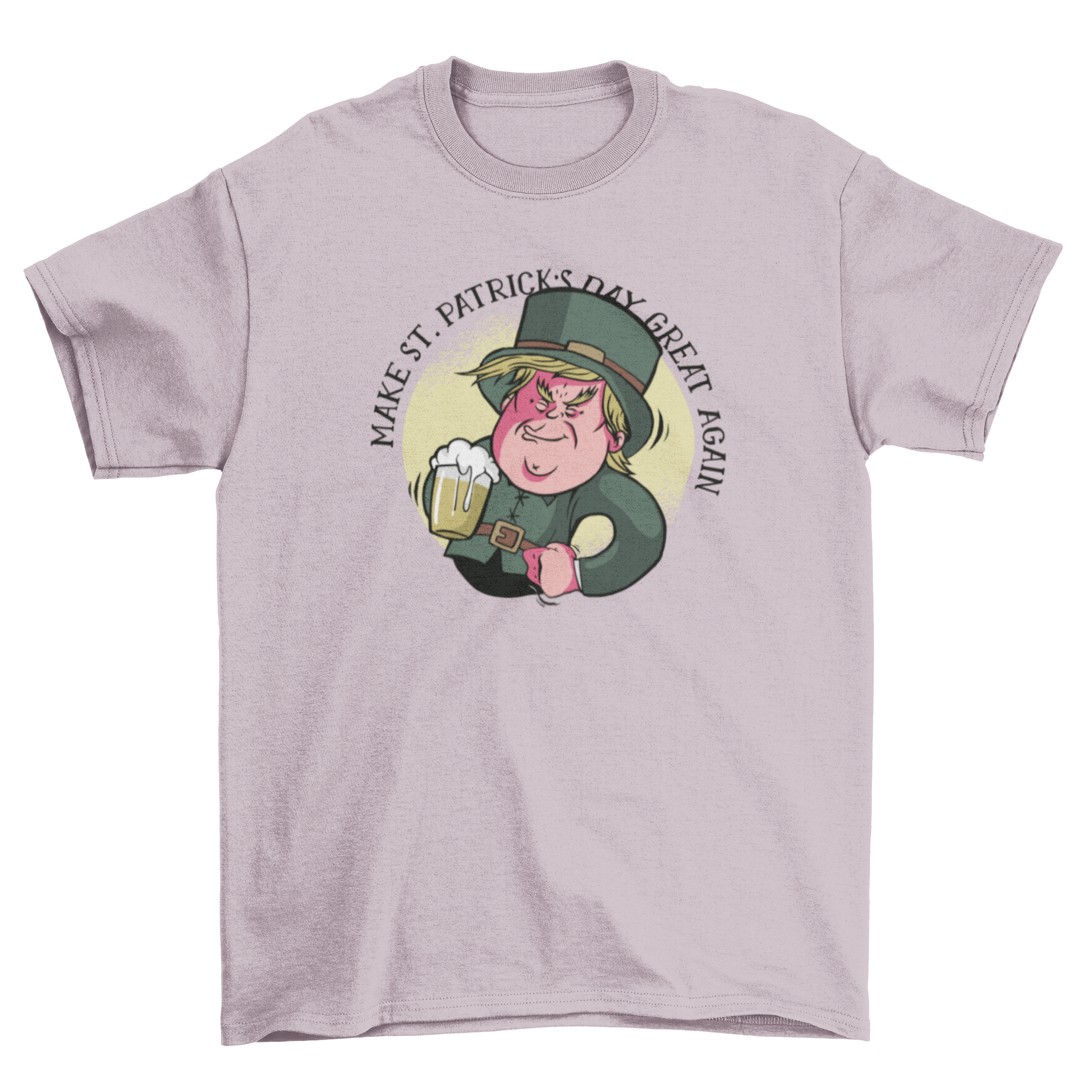 Leprechaun Trump T-Shirt featuring the President of the USA in St. Patrick's Day attire holding a beer.