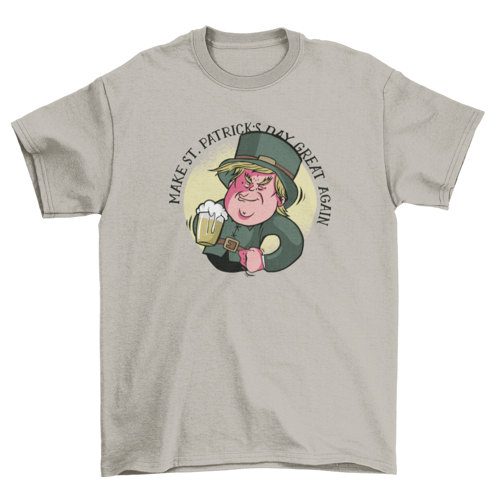 Leprechaun Trump T-Shirt featuring the President of the USA in St. Patrick's Day attire holding a beer.