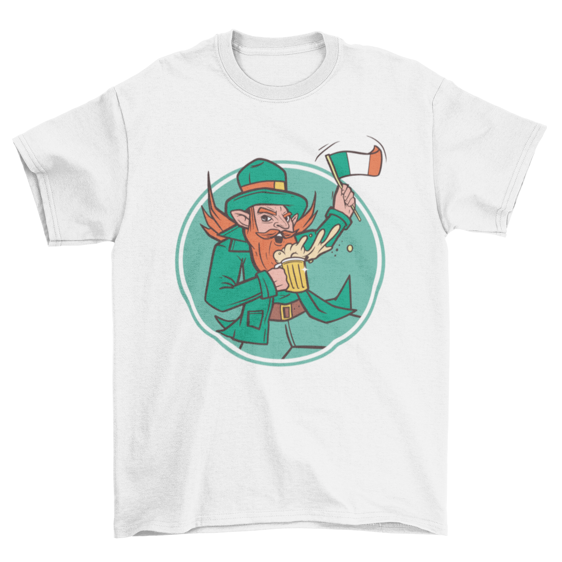 A humorous t-shirt featuring a leprechaun joyfully holding a glass of beer, perfect for St. Patrick's Day celebrations.