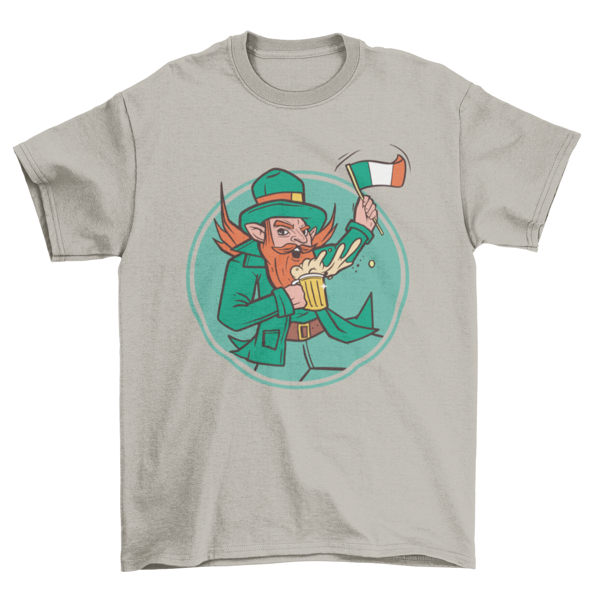 A humorous t-shirt featuring a leprechaun joyfully holding a glass of beer, perfect for St. Patrick's Day celebrations.