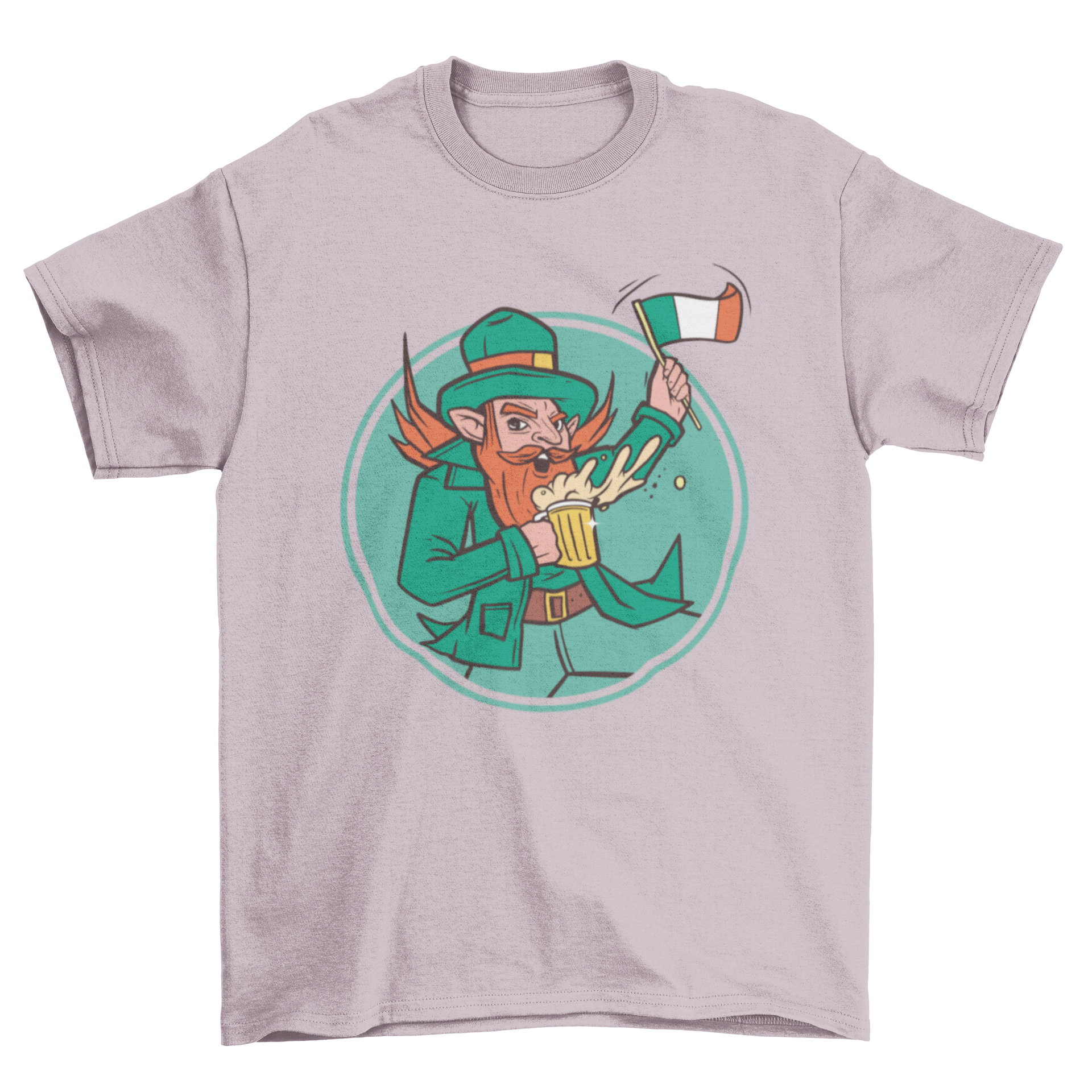 A humorous t-shirt featuring a leprechaun joyfully holding a glass of beer, perfect for St. Patrick's Day celebrations.