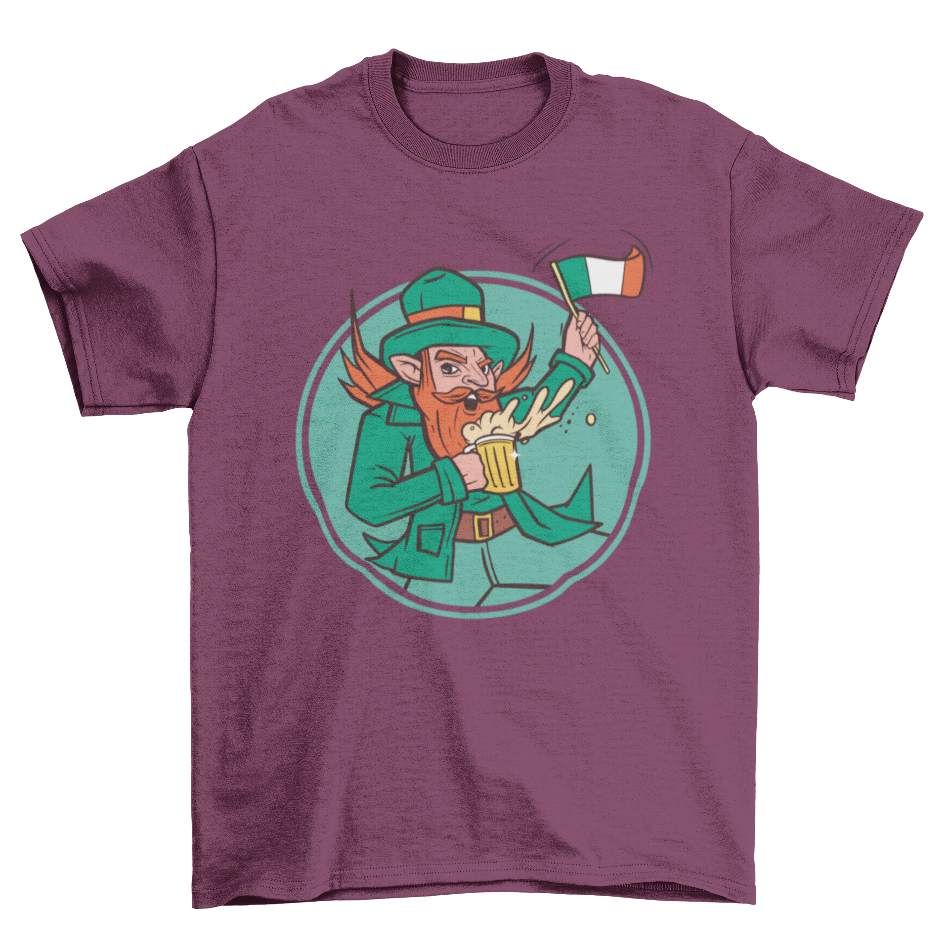 A humorous t-shirt featuring a leprechaun joyfully holding a glass of beer, perfect for St. Patrick's Day celebrations.